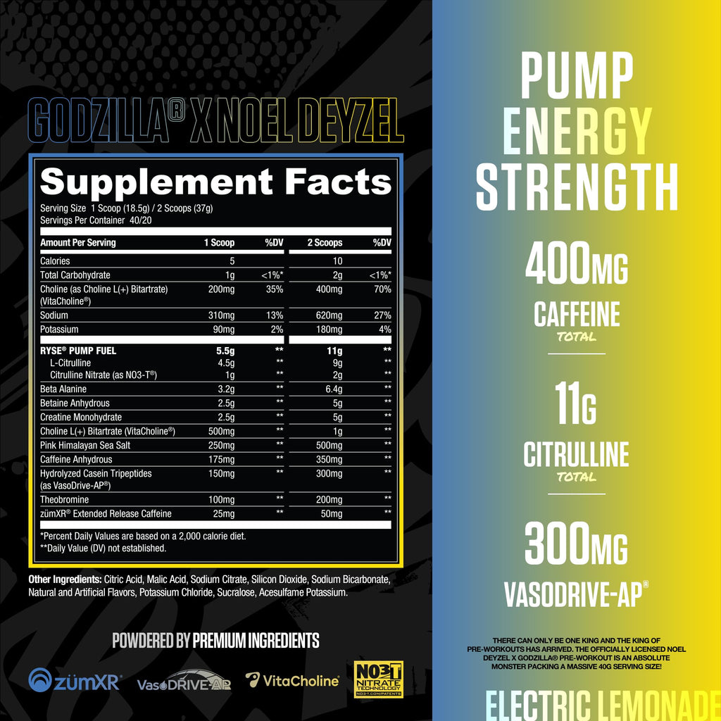 RYSE Godzilla X Noel Deyzel Pre Workout Powder - BlackBerry Lemonade - 400mg Caffeine, High Stim Pre-Workout for Men & Women with Citrulline & Beta Alanine - Energy, Pump & Focus - 20/40 Servings