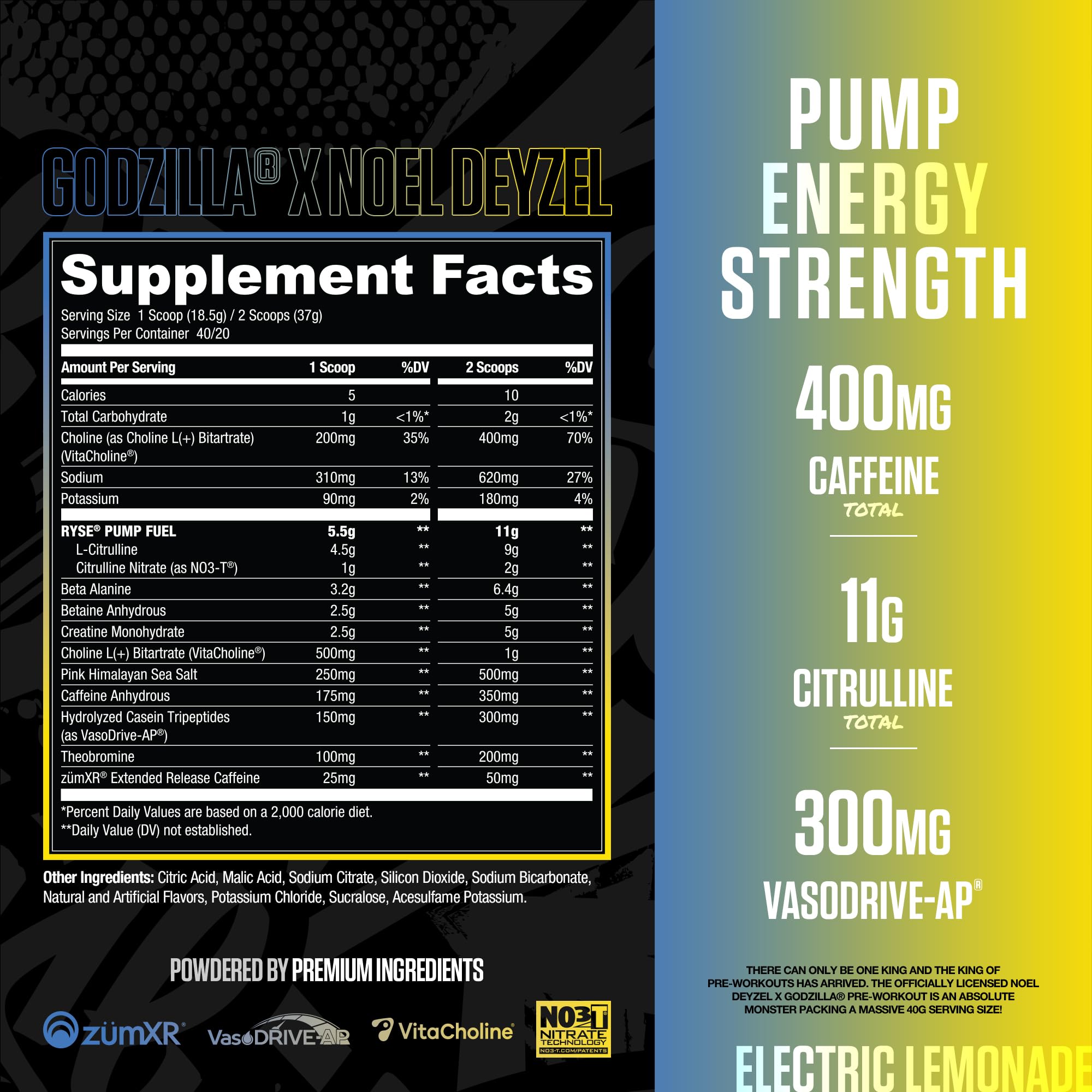 RYSE Godzilla X Noel Deyzel Pre Workout Powder - BlackBerry Lemonade - 400mg Caffeine, High Stim Pre-Workout for Men & Women with Citrulline & Beta Alanine - Energy, Pump & Focus - 20/40 Servings