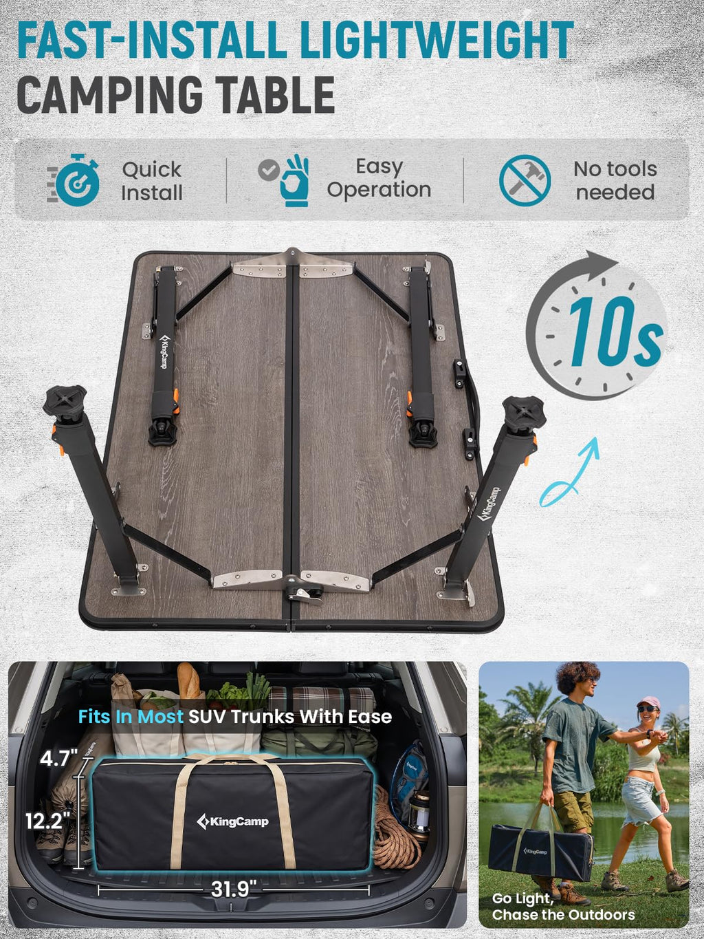 KingCamp Bamboo Folding Table, 4-Fold Camping Adjustable Height Portable Outdoor Lightweight & Compact Table with Aluminum Frame for RV Picnic BBQ Tailgating