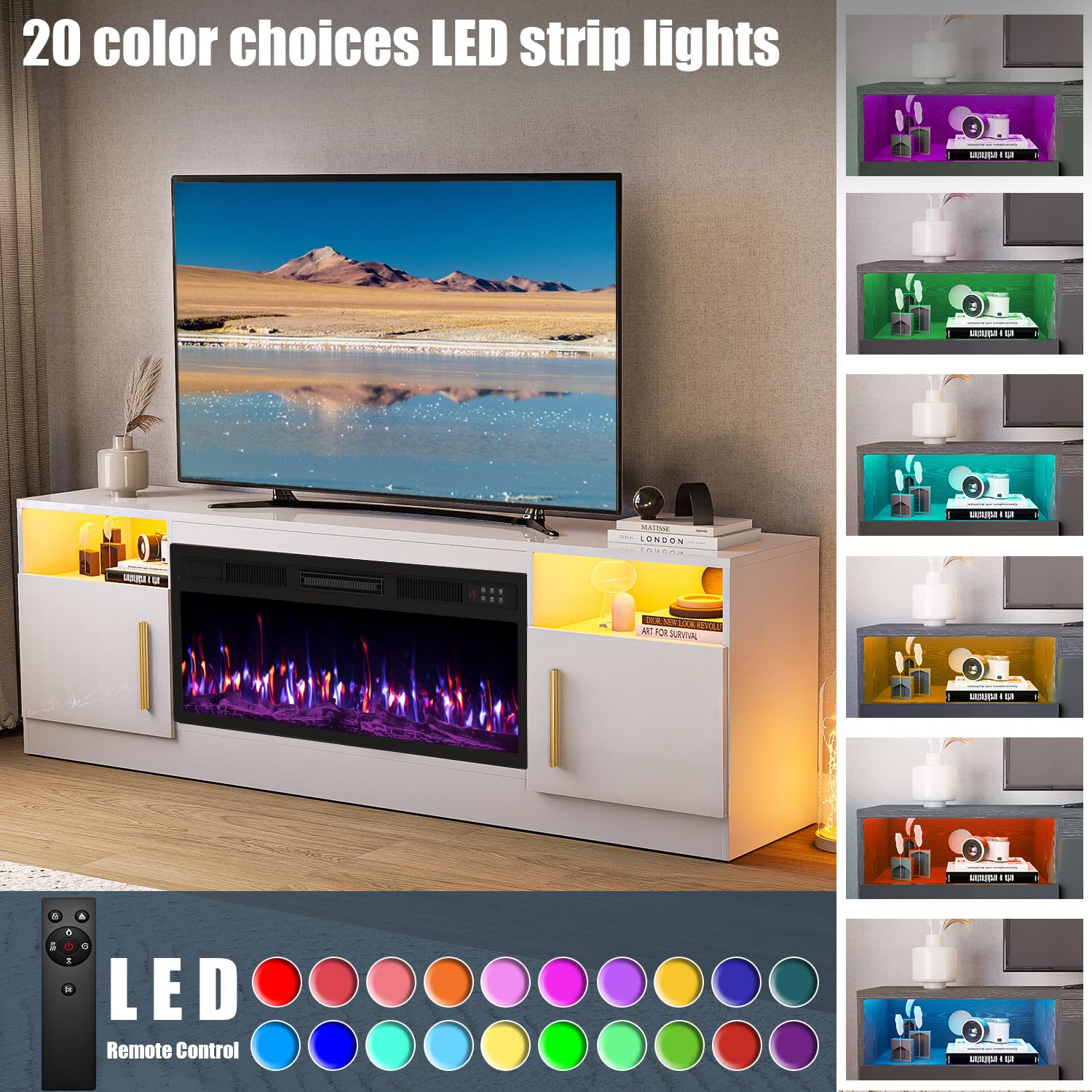 VITESSE 58 Inches Fireplace TV Stand for TVs up to 65 Inches Console with 18'' Electric Fireplace & Remote,Wooden Modern Entertainment Center for Living Room with LED Light Glass Shelves（Bei）