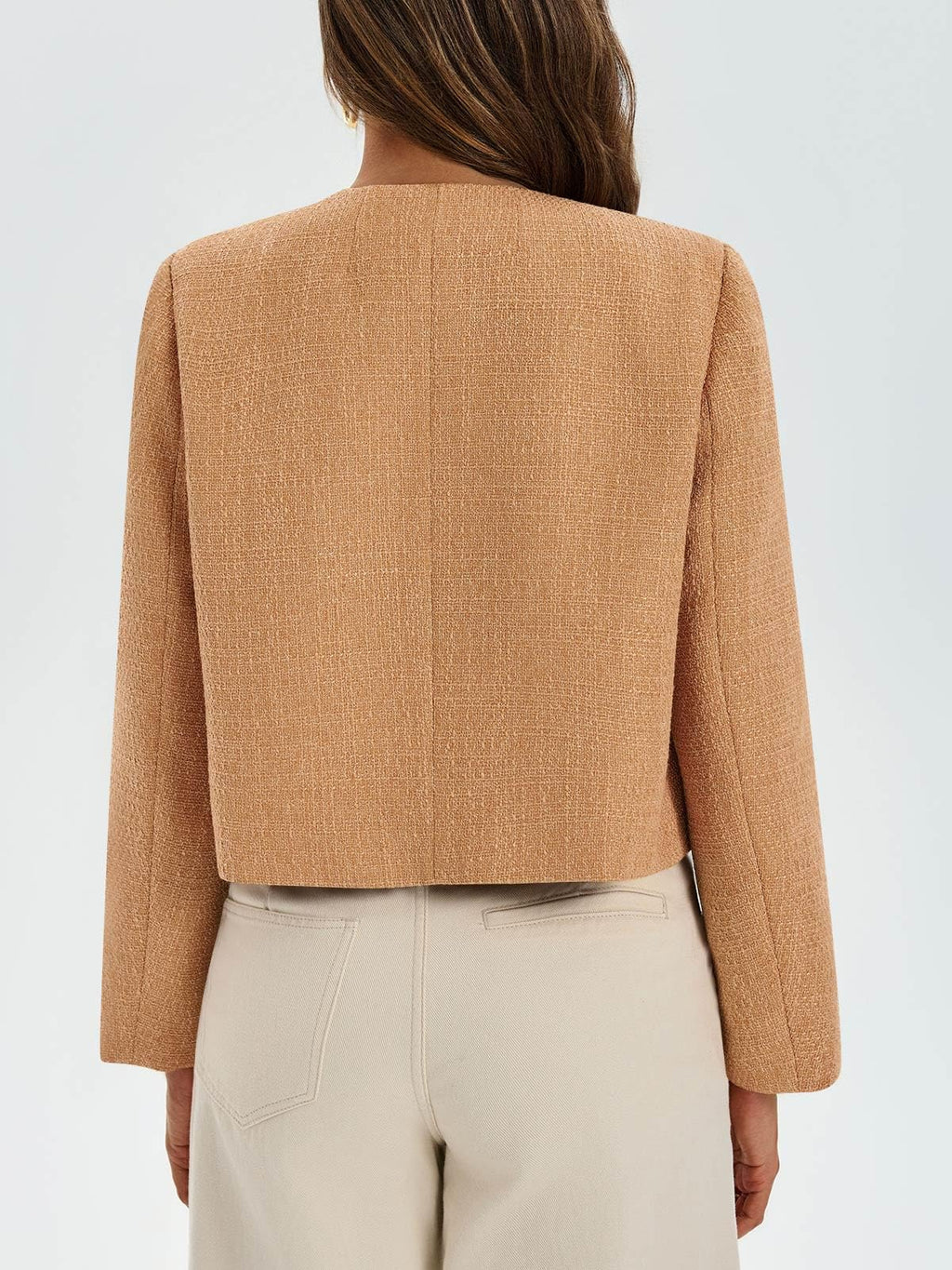 Cicy Bell Womens Cropped Tweed Blazer Collarless Button Down Bomber Jacket Business Casual Fall Outfits