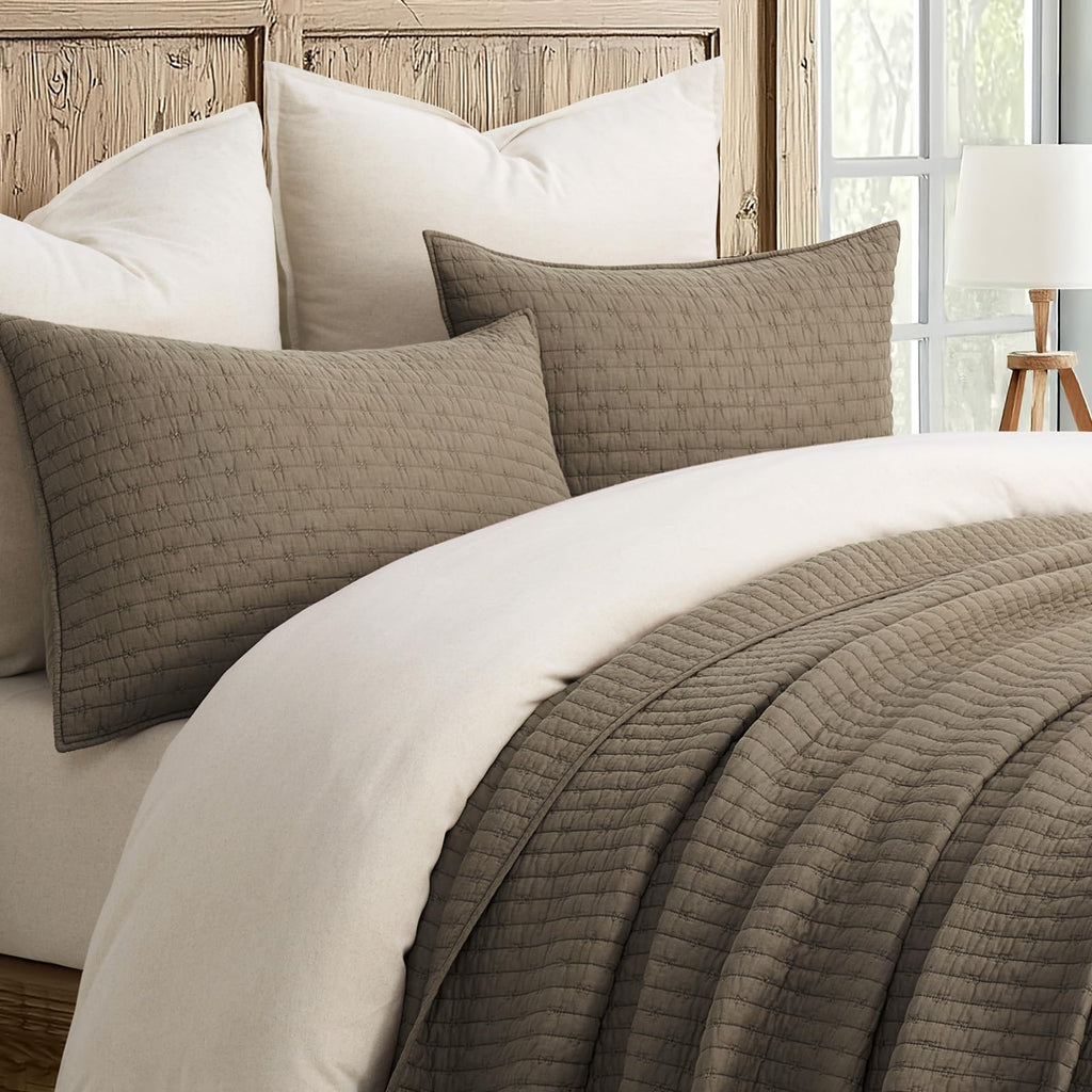 EVERGRACE Cotton Border Frame Tack-Stitch Quilt Bedding Set Queen Size, Coastal Oversized 3 Pieces Lightweight Bedspread Coverlet for All Season, with 2 Matching Shams, Blue Linen