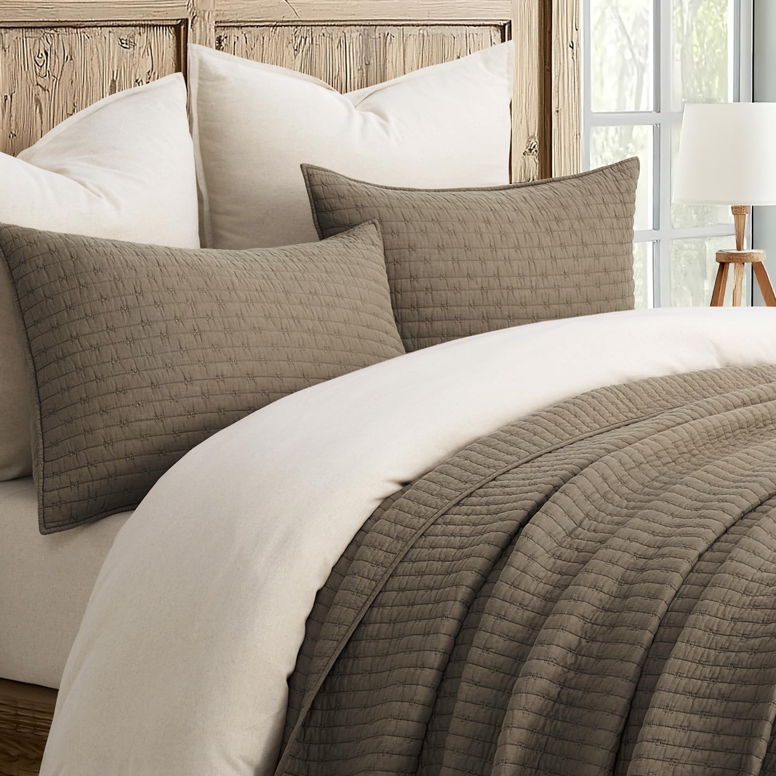 EVERGRACE Cotton Border Frame Tack-Stitch Quilt Bedding Set Queen Size, Coastal Oversized 3 Pieces Lightweight Bedspread Coverlet for All Season, with 2 Matching Shams, Blue Linen