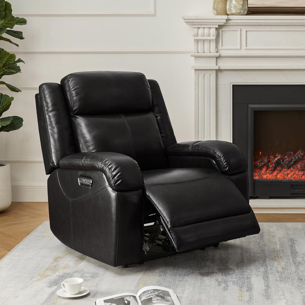 Watson & Whitely Genuine Leather Power Recliner Chairs for Adults, Wall Hugger RV Recliner with Power Headrest & Charging Ports, Electric Recliner Sofa Chair for Living Room, Black