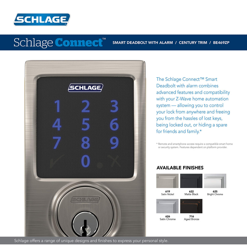 Schlage Connect Smart Deadbolt Lock with Touchscreen Keypad, Keyless Front Door Entry, Z-Wave Plus Compatible, Aged Bronze, BE469ZP CEN 716