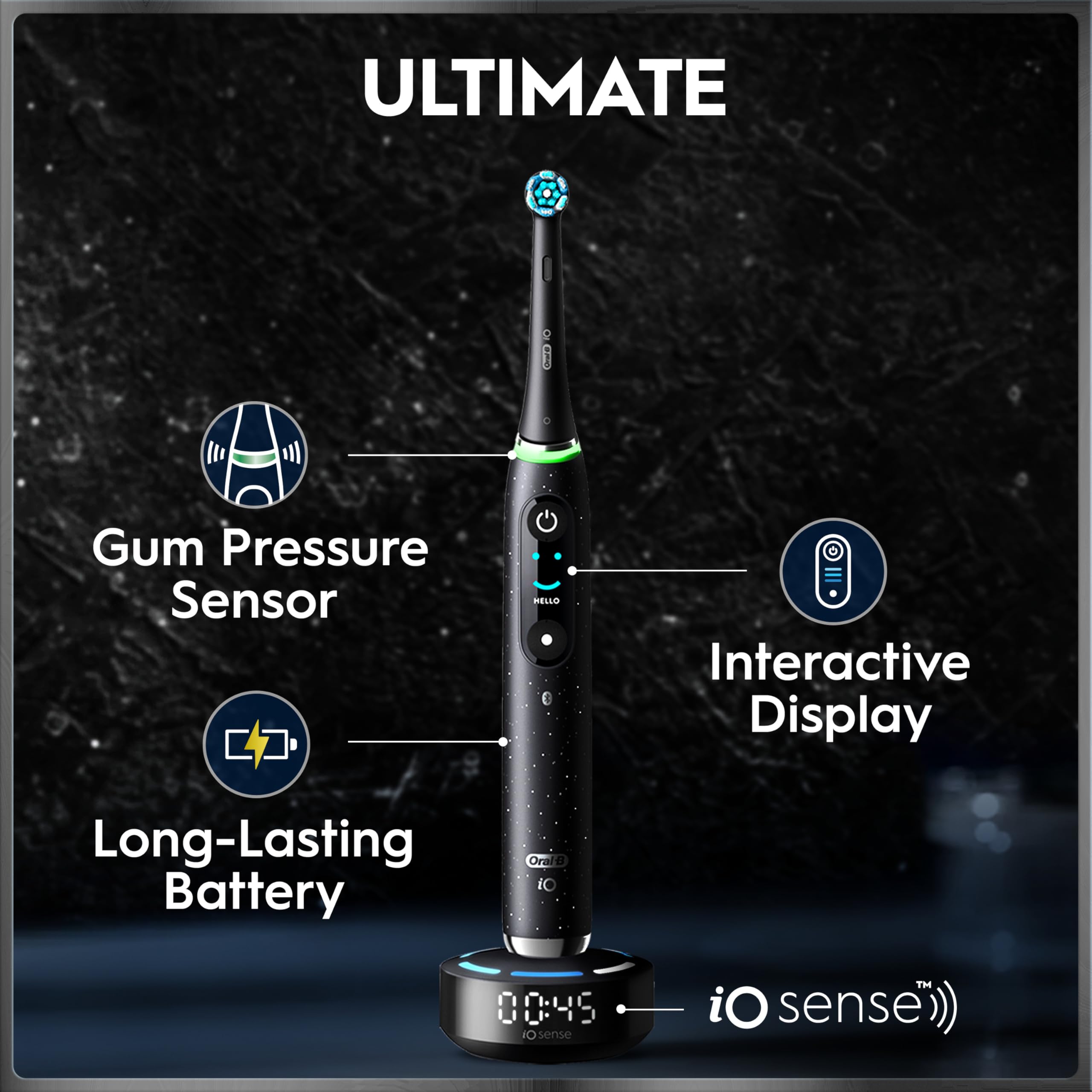 Oral-B Rechargeable Electric Toothbrush, iO10 Ultimate Clean, 7 Cleaning Modes, Interactive Display, iSense Charger, Charging Travel Case, 4 Brush Heads, Rechargeable Toothbrush, Black