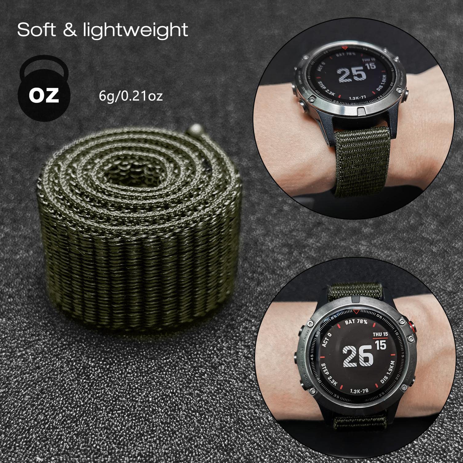 Abanen Hook and Loop Quick Dry Watch Band for Fenix 8 47mm/ epix Pro 47mm / Fenix 7/6/5, 22mm Woven Nylon Ultralight Sport Wristband Strap for Garmin Instinct 2, Instinct 3 45mm