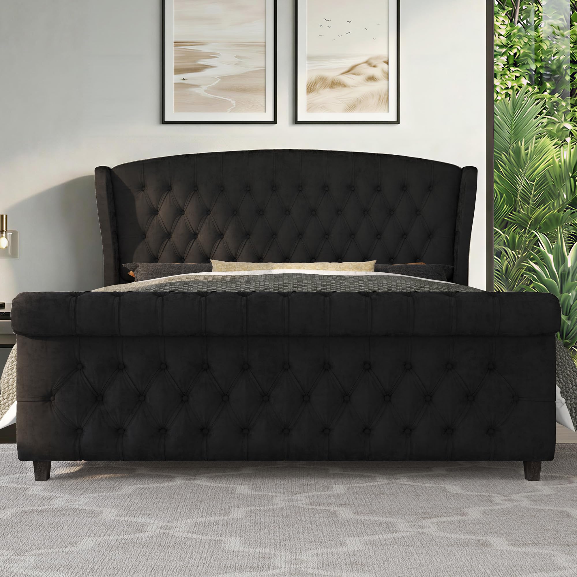 LUXOAK Queen Size Platform Bed Frame, Velvet Upholstered Sleigh Bed with Curved Headboard & Footboard, Deep Button Tufted, Wood Slats Support, No Box Spring Needed, Black