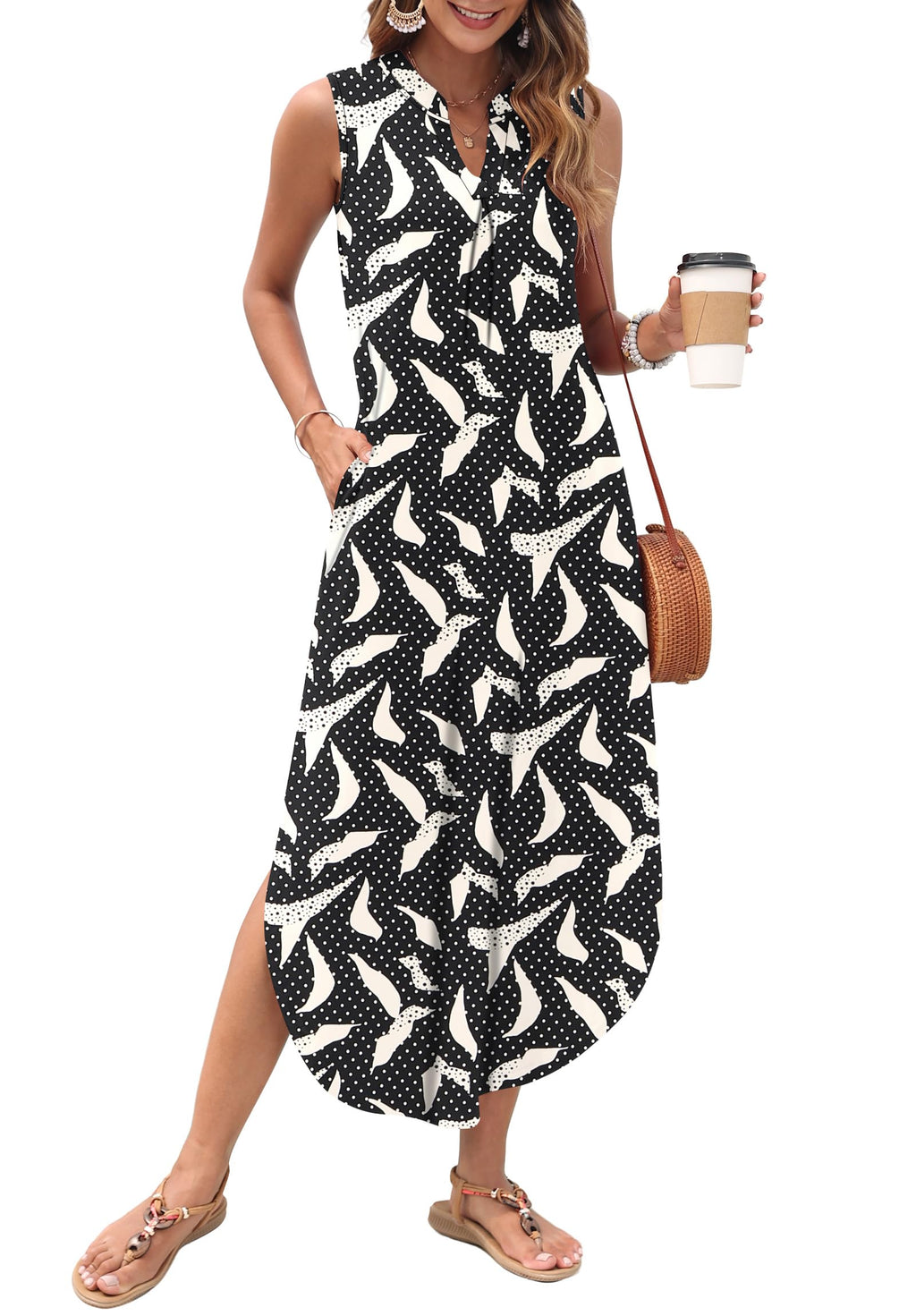 AUSELILY Womens Summer Casual Maxi Dresses 2026 Sleeveless Long Beach Dresses V Neck Loose Sundresses with Side Split Pockets