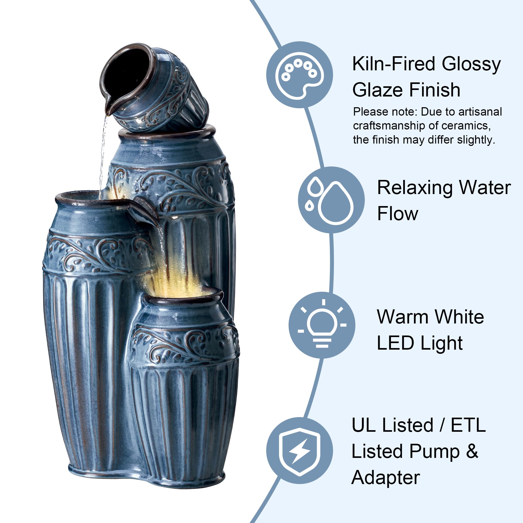 Glitzhome 27.25" H Outdoor Garden Water Fountain with LED Lights and Pump, 4 Tier Cobalt Blue Embossed Pattern Ceramic Pots Cascading Floor Standing Fountain for Porch Deck Patio Backyard Decoration