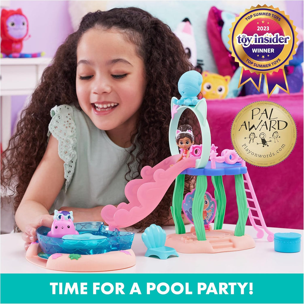 Gabby's Dollhouse, Purr-ific Pool Playset with Gabby and Mercat Figures, Color-Changing Mermaid Tails and Pool Accessories Kids Toys for Ages 3 and Up