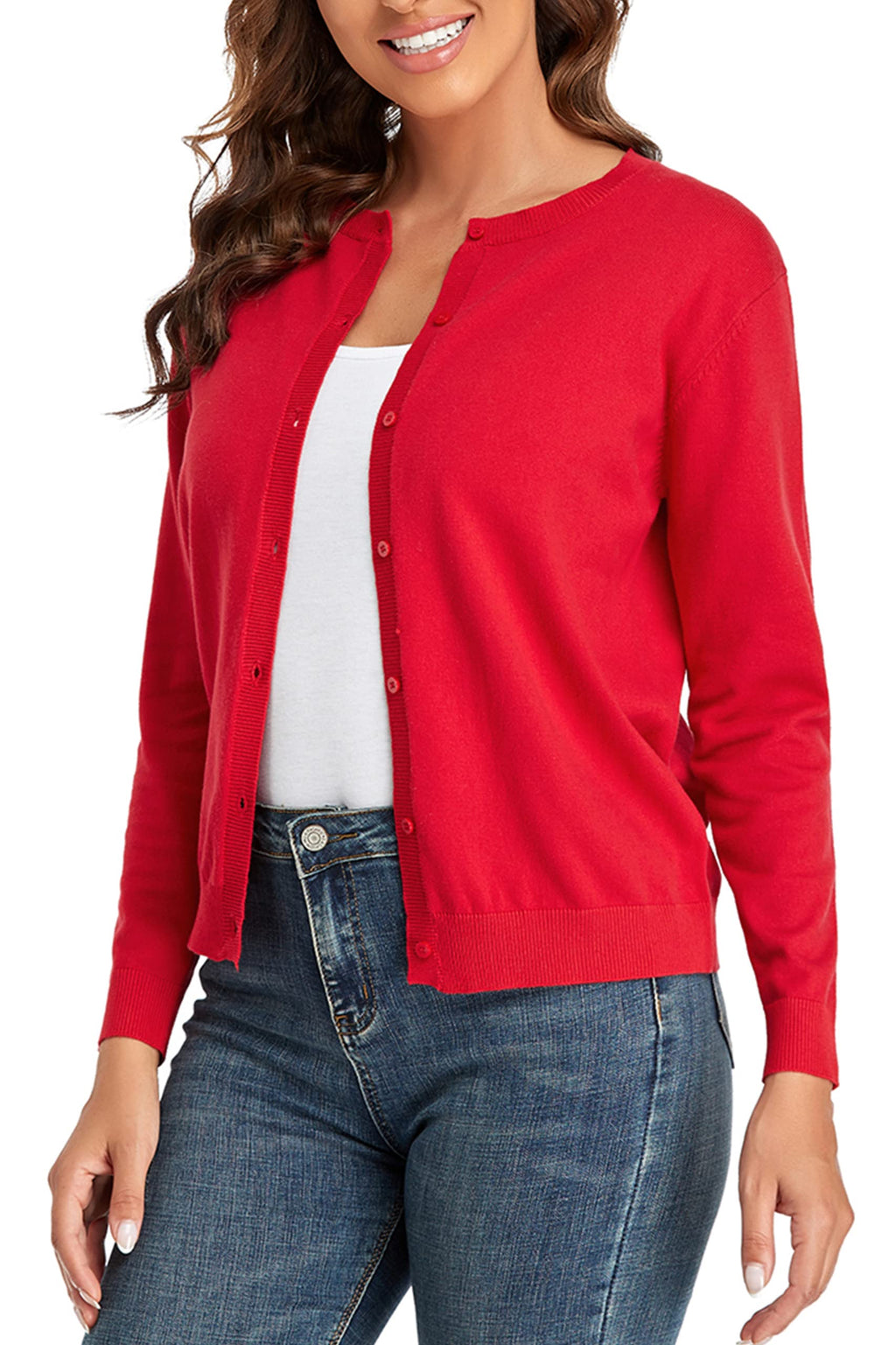 CUNYI Women's Crew Neck Cardigan Long Sleeve Sweater for Women Button Down Soft Knit Ladies Cardigan Sweates Coat