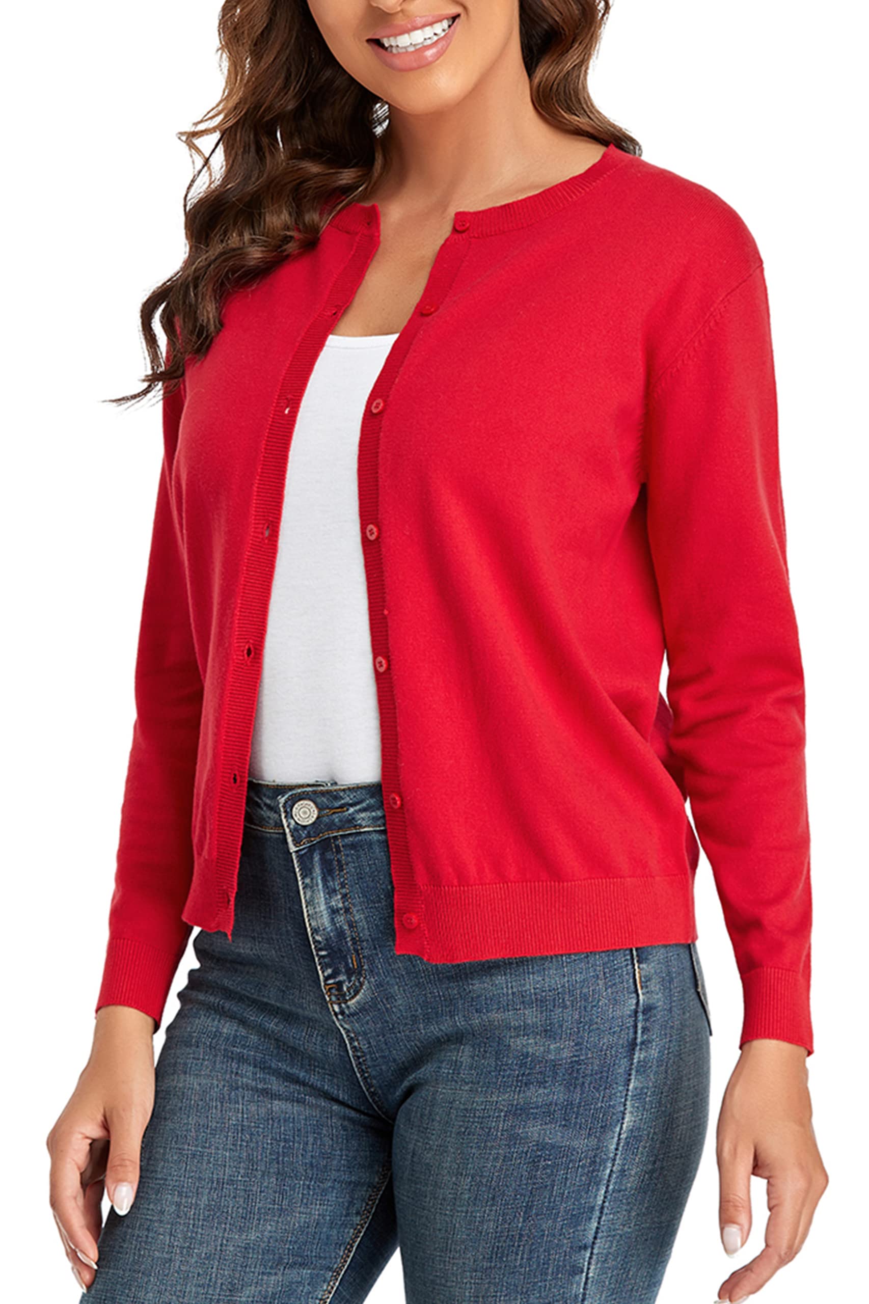 CUNYI Women's Crew Neck Cardigan Long Sleeve Sweater for Women Button Down Soft Knit Ladies Cardigan Sweates Coat