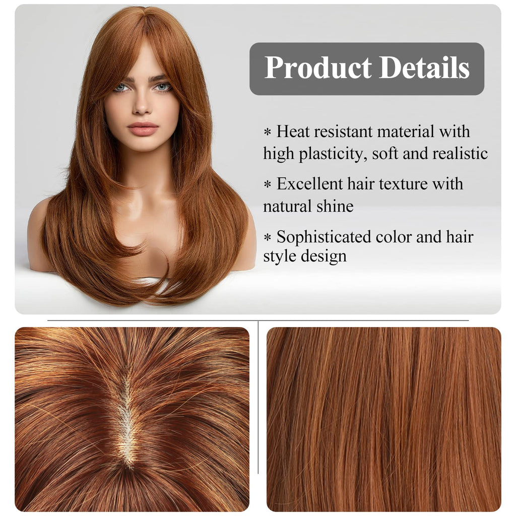 HAIRCUBE Auburn Wigs for Women,Long Layered Orange Wigs with Bangs Heat Resistant Synthetic Fibre Wigs(pelucas de cabello natural)