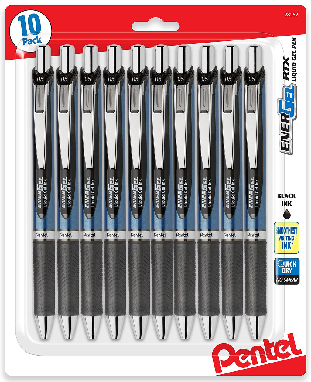 Pentel Energel 0.5 mm, Black Needle Tip Pens - Rtx Retractable Pack of 10 Pens