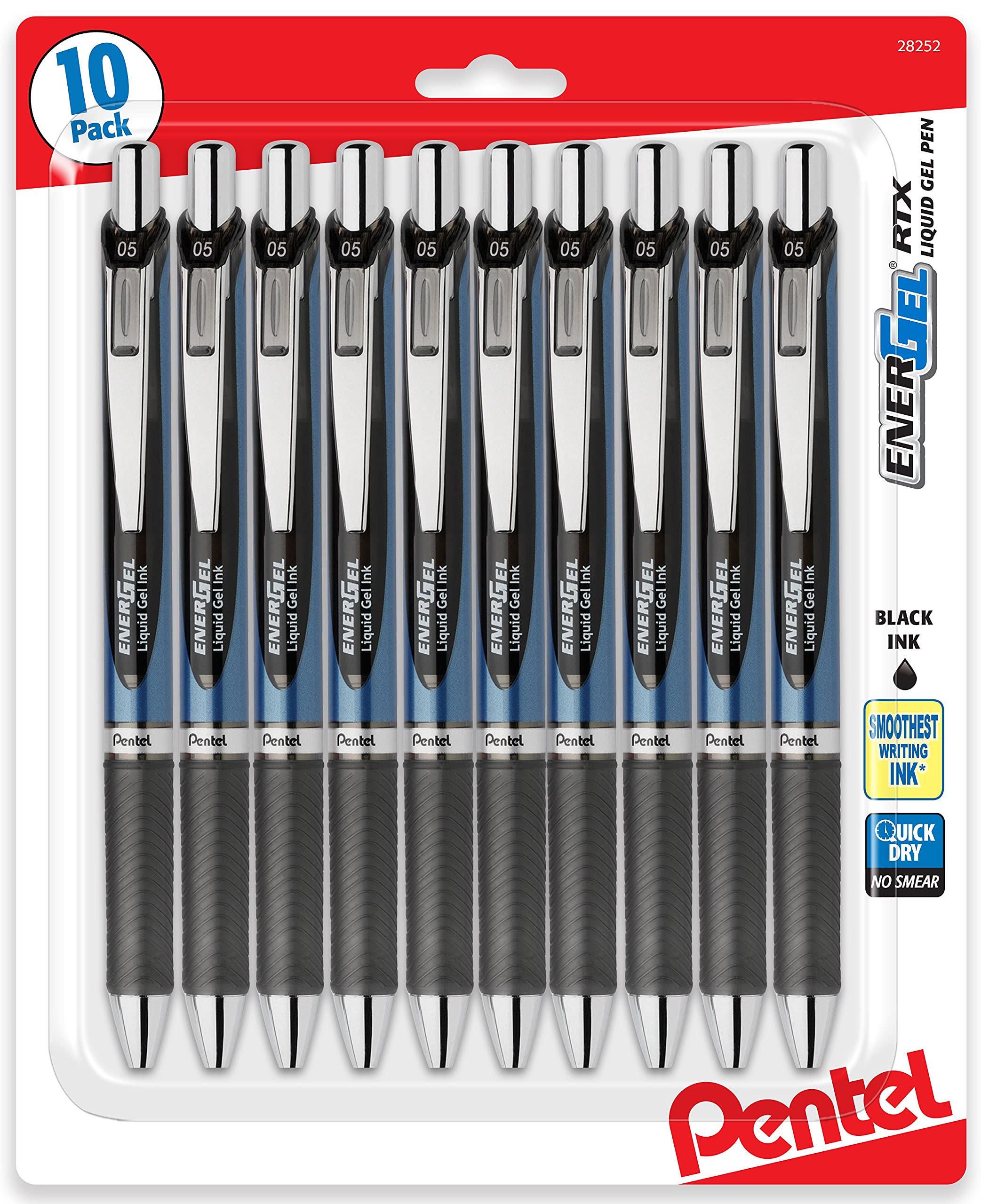 Pentel Energel 0.5 mm, Black Needle Tip Pens - Rtx Retractable Pack of 10 Pens