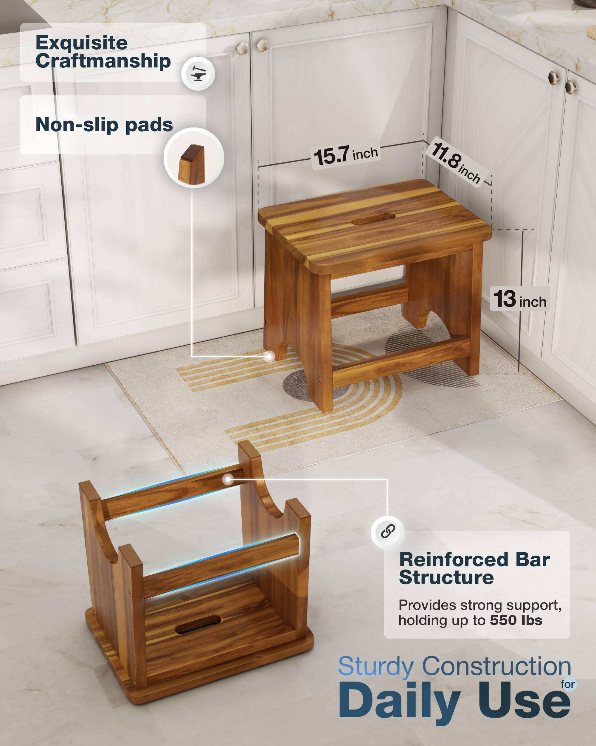 FANATU 13'' Wooden Step Stool, One Step Stool for Adults, Wooden Beside Step Stool with 550 Load Capacity (Acacia, 6.3 in – Metal Legs)