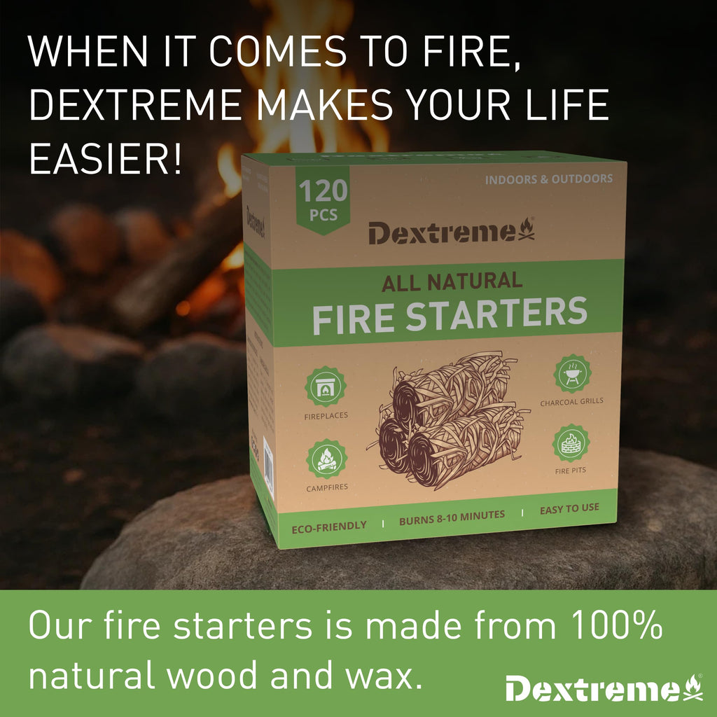 Dextreme Fire Starter (60 PCS) Natural Fire Starters for Campfire, Charcoal Starter, Fireplace, Wood Stove, BBQ, Chimney, Fire Pit, and Grill | All Weather, Odorless, Non-Toxic, w/10 Min Burning Time
