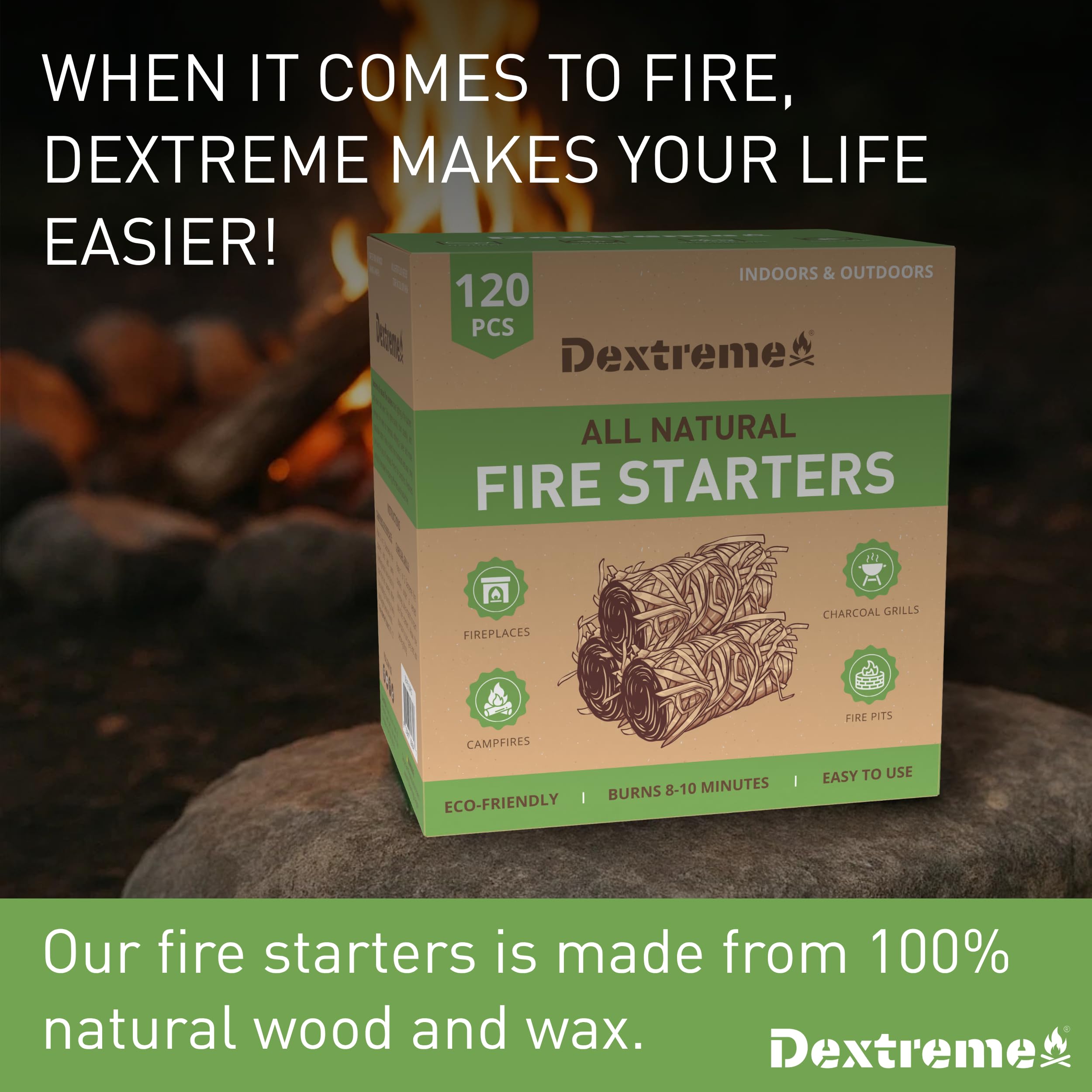 Dextreme Fire Starter (60 PCS) Natural Fire Starters for Campfire, Charcoal Starter, Fireplace, Wood Stove, BBQ, Chimney, Fire Pit, and Grill | All Weather, Odorless, Non-Toxic, w/10 Min Burning Time