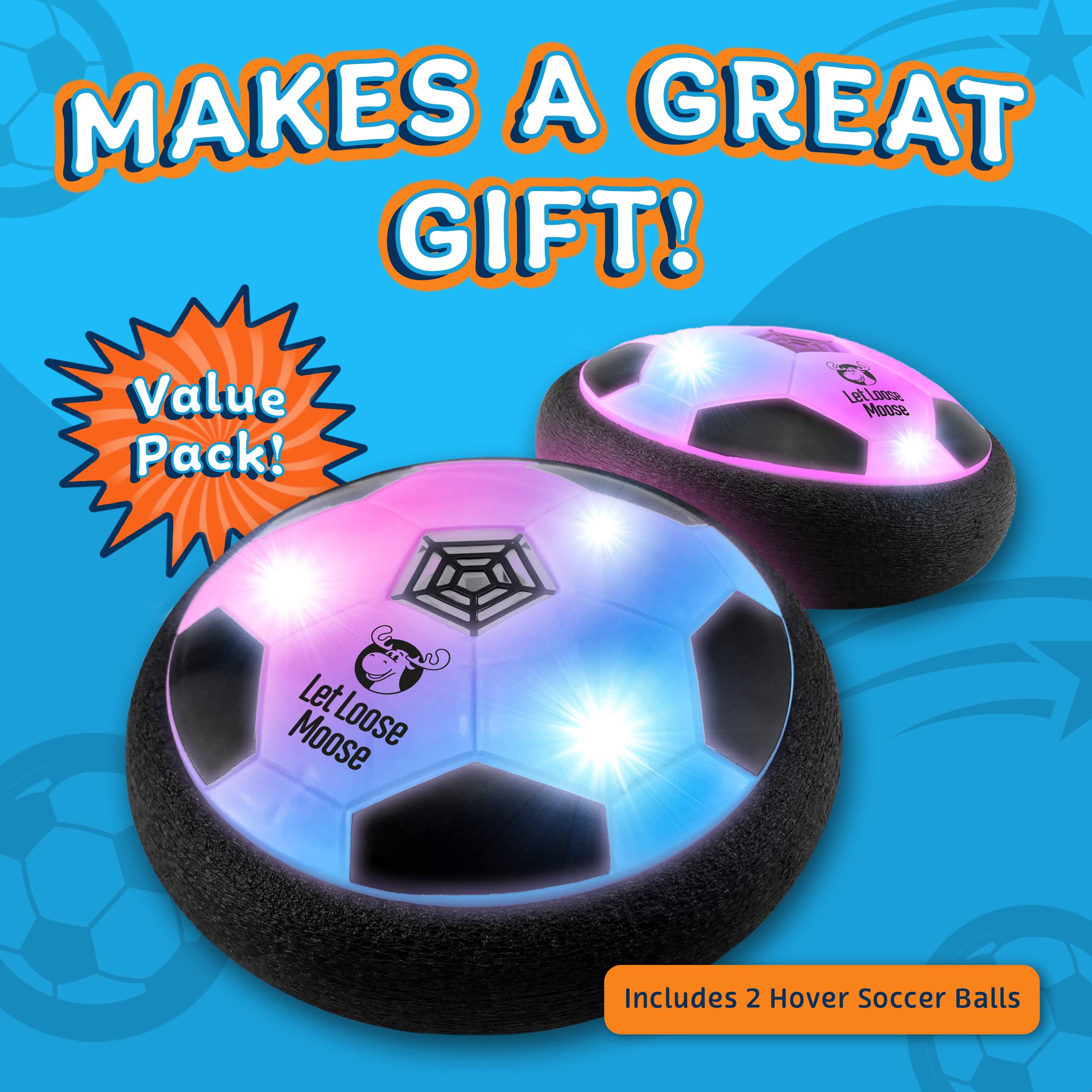 Let Loose Moose Hover Soccer Ball - Set of 2 Air Floating Soccer Toy with Led Light and Foam Bumper Protection, Indoor Sports Games Birthday Christmas for Boys - Birthday Gifts for Kids