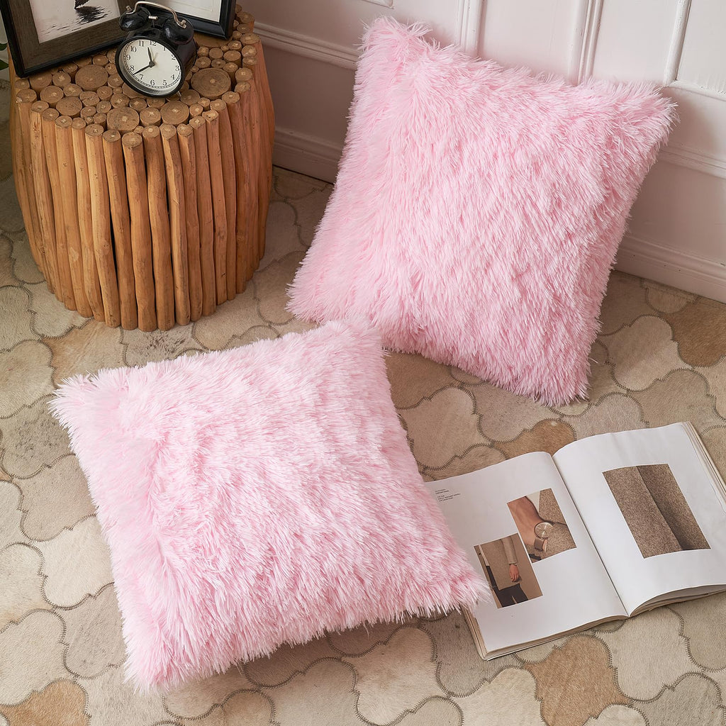 ANRODUO Pack of 2 Baby Pink Throw Pillow Covers Luxury Fluffy Pillows Faux Fur Decorative Pillows Plush Cushion Case Fuzzy Mongolian Merin Style for Bed Couch Sofa Living Room Summer Decor 16x16 Inch