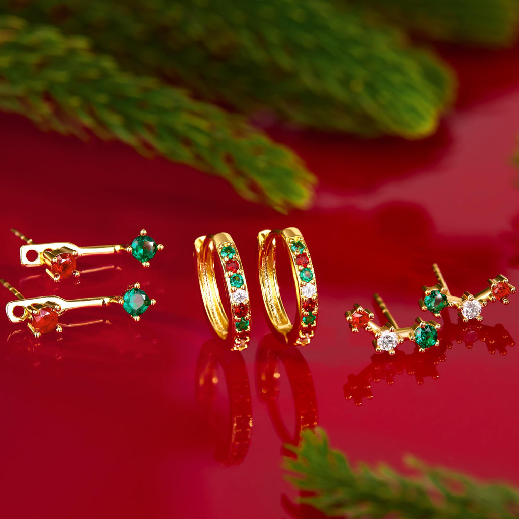 3 Pairs Dainty Small Earrings Set for Women Trendy, Birthstone Stud Huggie Hoop Jacket Stack for Cartilage Helix, Gold Plated Hypoallergenic Cute Women Fashion Accessories Western Jewelry Gifts