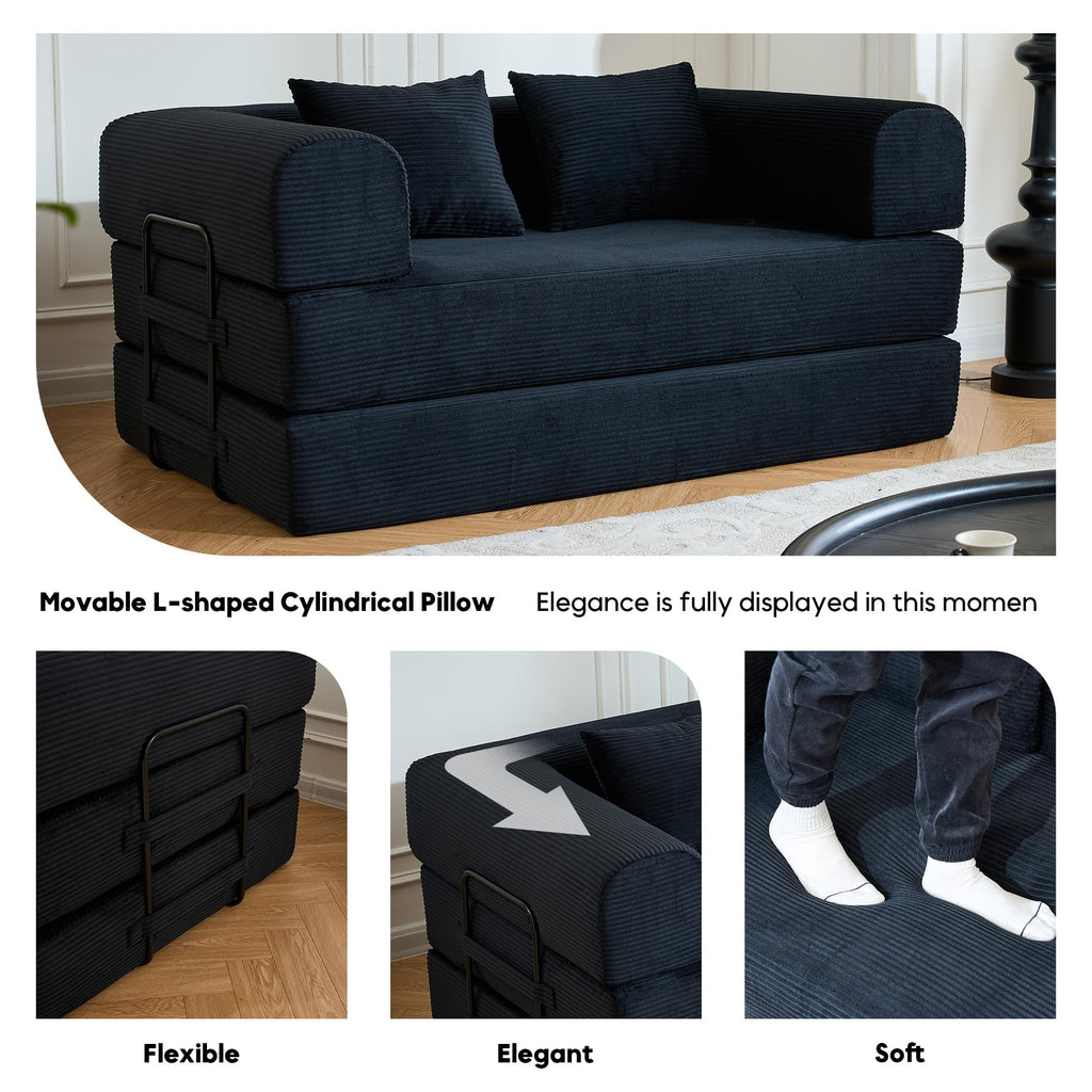 ZEIINPA 59“ Convertible Floor Sofa Bed, 5-in-1 Futon Sofa Bed Pull Out Sleeper Couch, Modern Corduroy Compressed Loveseat, Modular Boneless Couches for Living Room, No Assembly Required, Beige