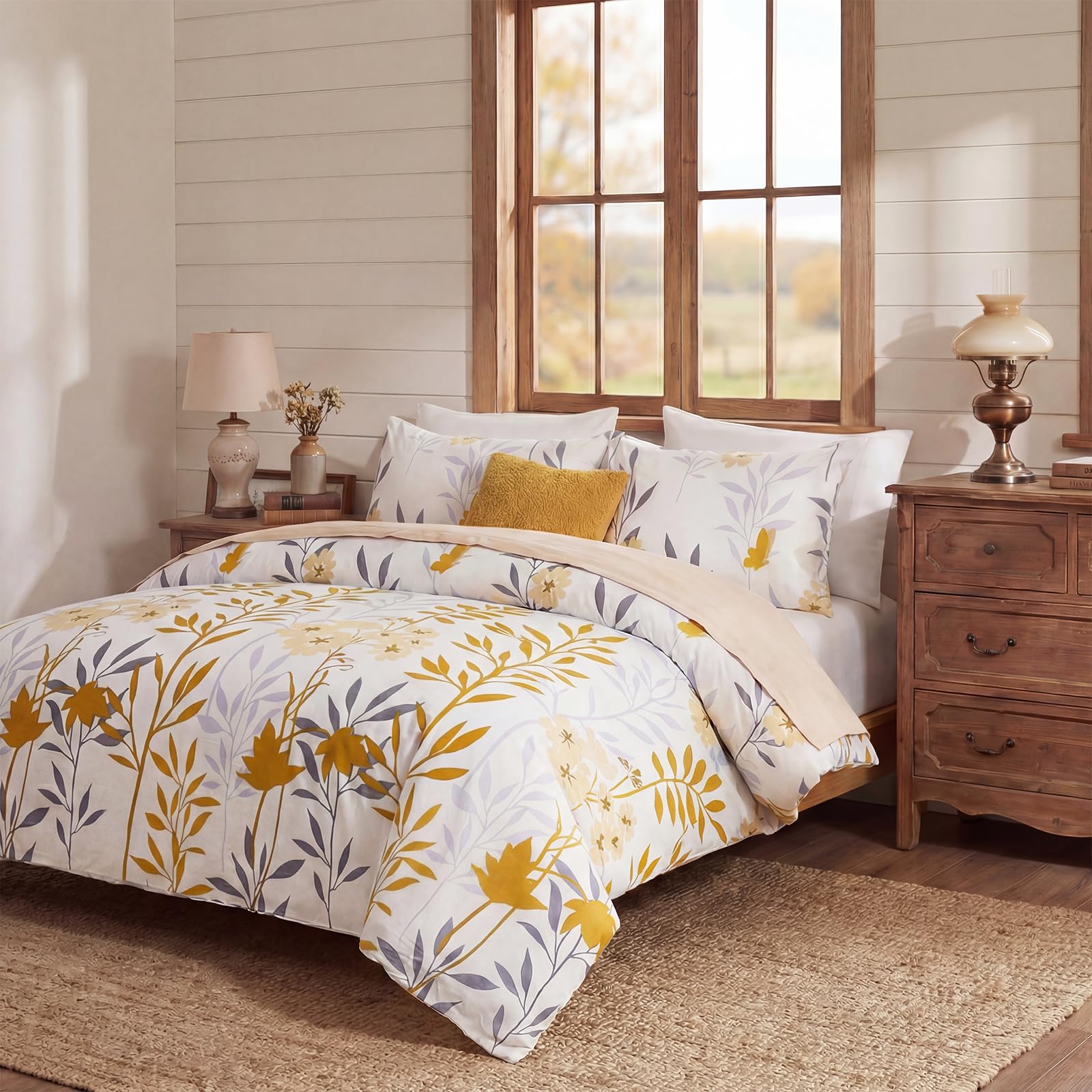 100% Natural Cotton Comforter Set Queen 3 Pcs Grayish Blue Bedding Sets with Luxurious Damask Pattern, Reversible Breathable Soft Comforter Sets for All Season