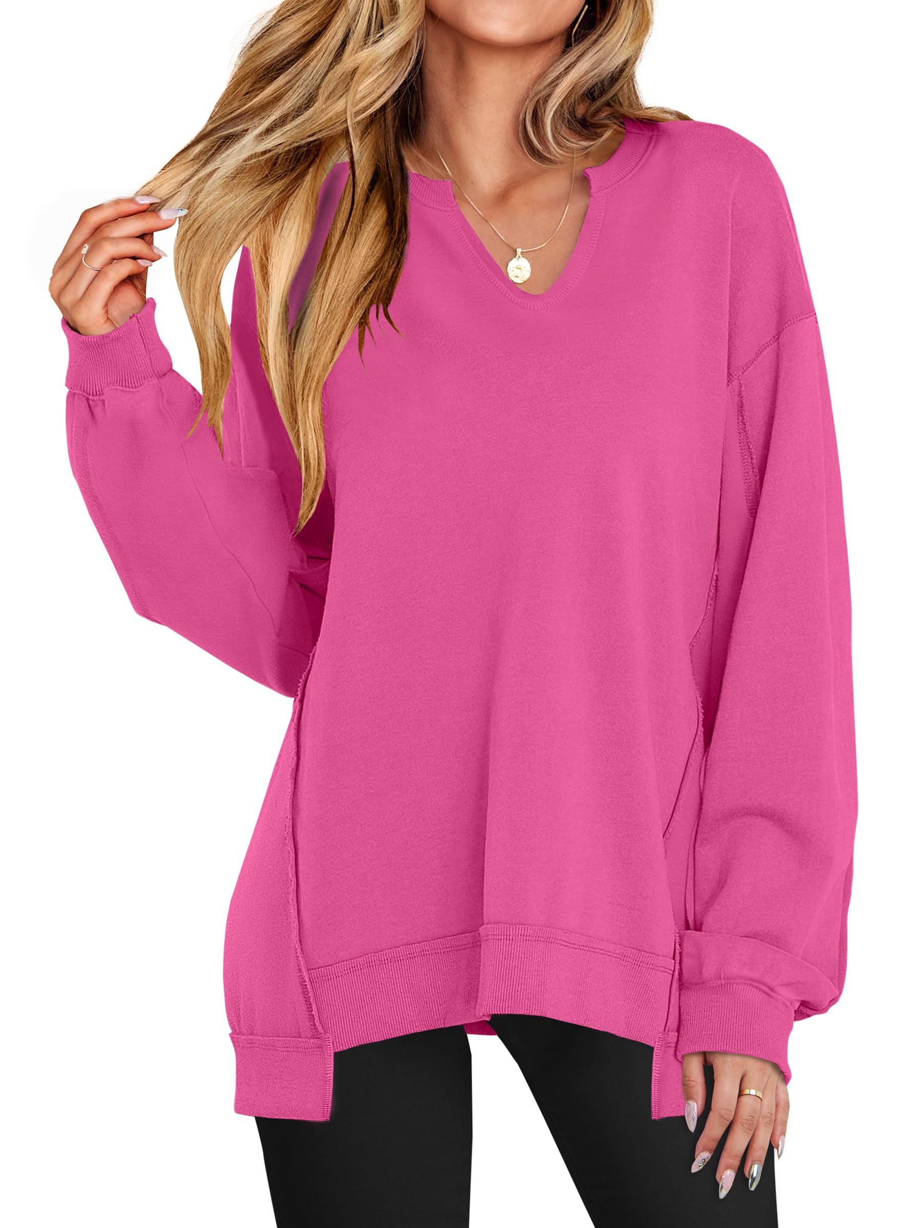 ANRABESS Women's Long Sleeve V-Neck Oversized Sweatshirts | Soft Lightweight Loose Fit Pullover Tops, Casual School Workout Office Tunic Shirts, Teen Girls Outfit, Fall Winter Clothes