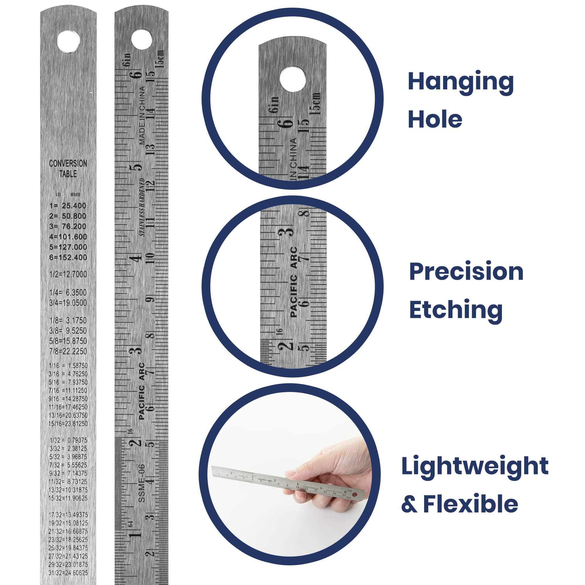 2 Pack Pacific Arc 12 Inch Stainless Steel Ruler with Inch/Metric Conversion Table