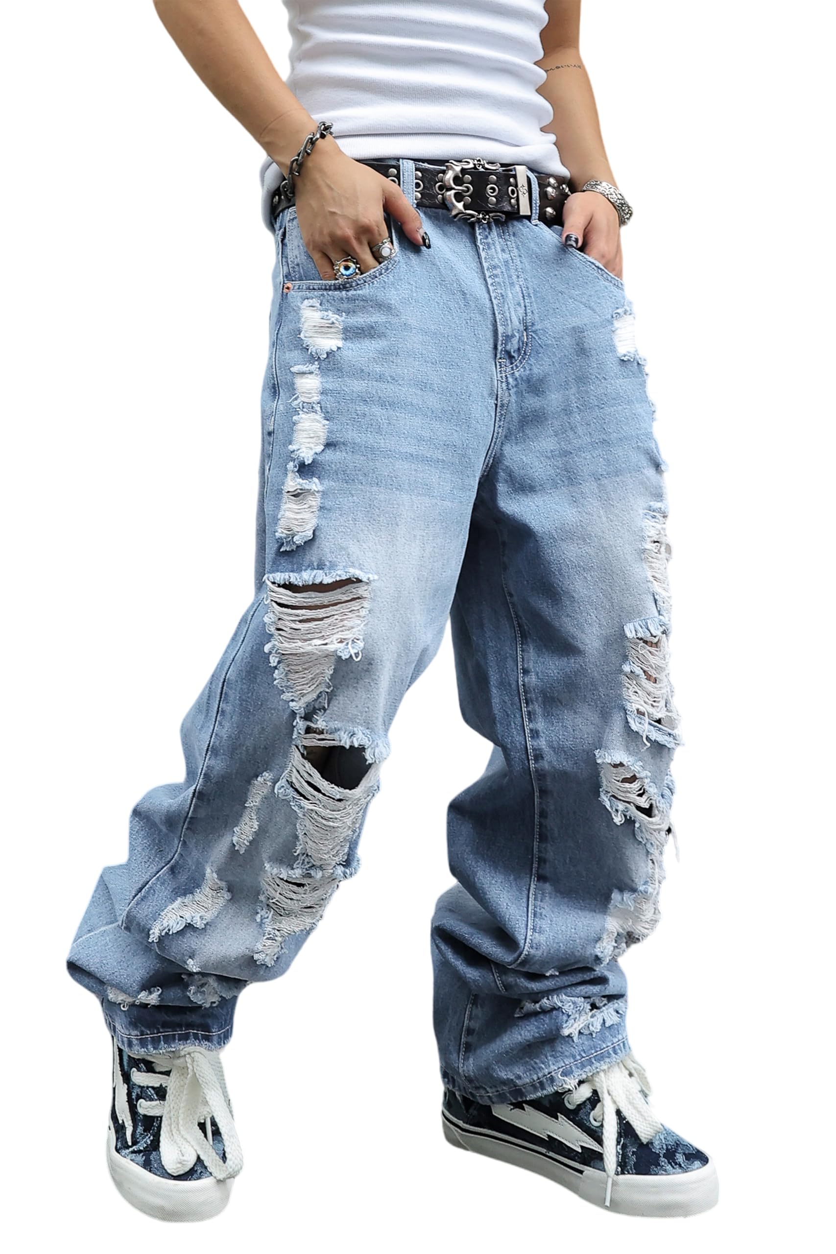 MZNBURAM Men's Non-Stretch Loose Fit Wide-Leg Baggy Jeans Pants
