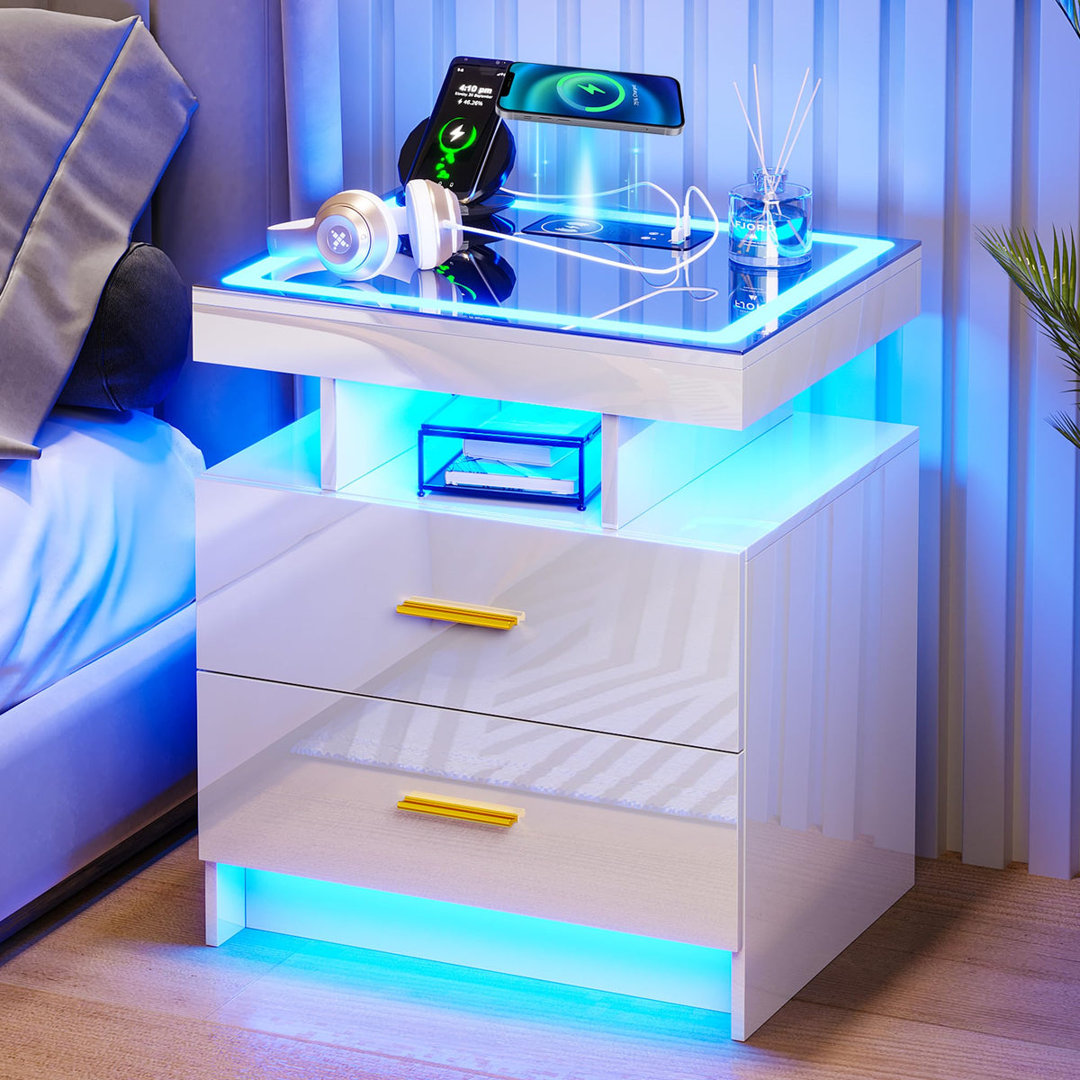 HNEBC LED Nightstand with Charging Station,Smart Bedside Table with Motion Sensor Lights,3 Drawers,Tempered Glass Top,High Gloss End Table with 3 Color Lights for Bedroom, Living Room,Office-Black