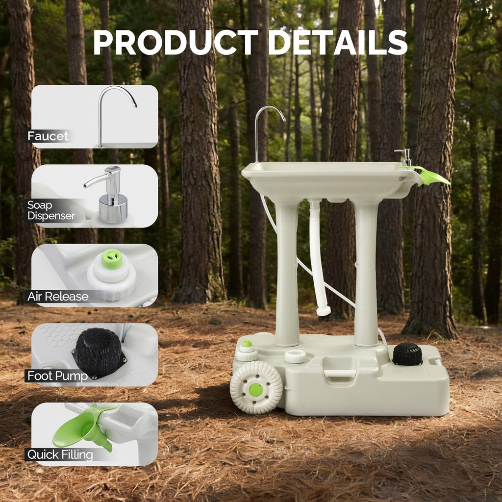 VINGLI Upgraded Portable Sink| Rolling Hand Wash Basin Stand with Towel Holder & Soap Dispenser & Wheels, Perfect for Garden/Camping/Outdoor Events/Gatherings/Worksite/RV/Indoor