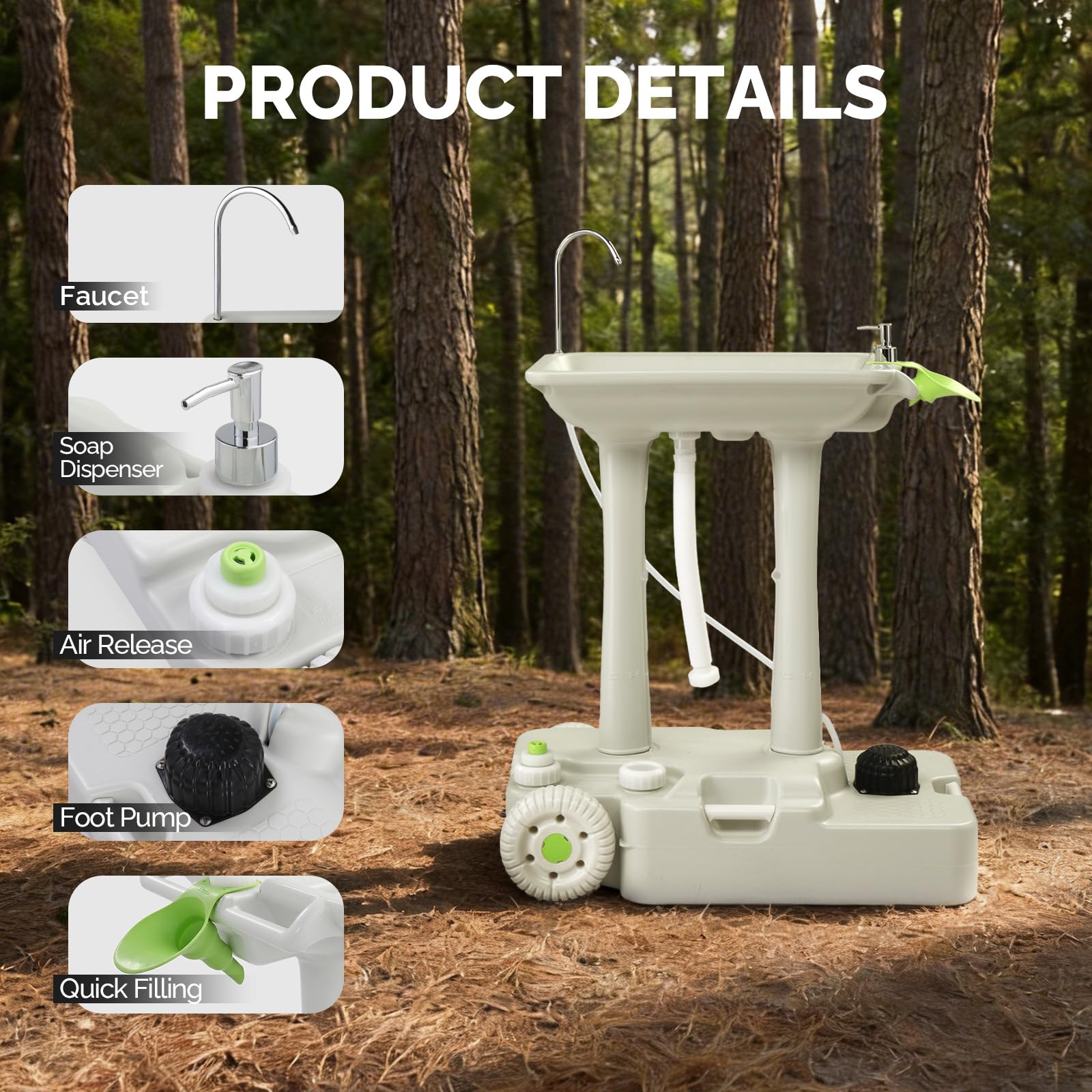 VINGLI Upgraded Portable Sink| Rolling Hand Wash Basin Stand with Towel Holder & Soap Dispenser & Wheels, Perfect for Garden/Camping/Outdoor Events/Gatherings/Worksite/RV/Indoor