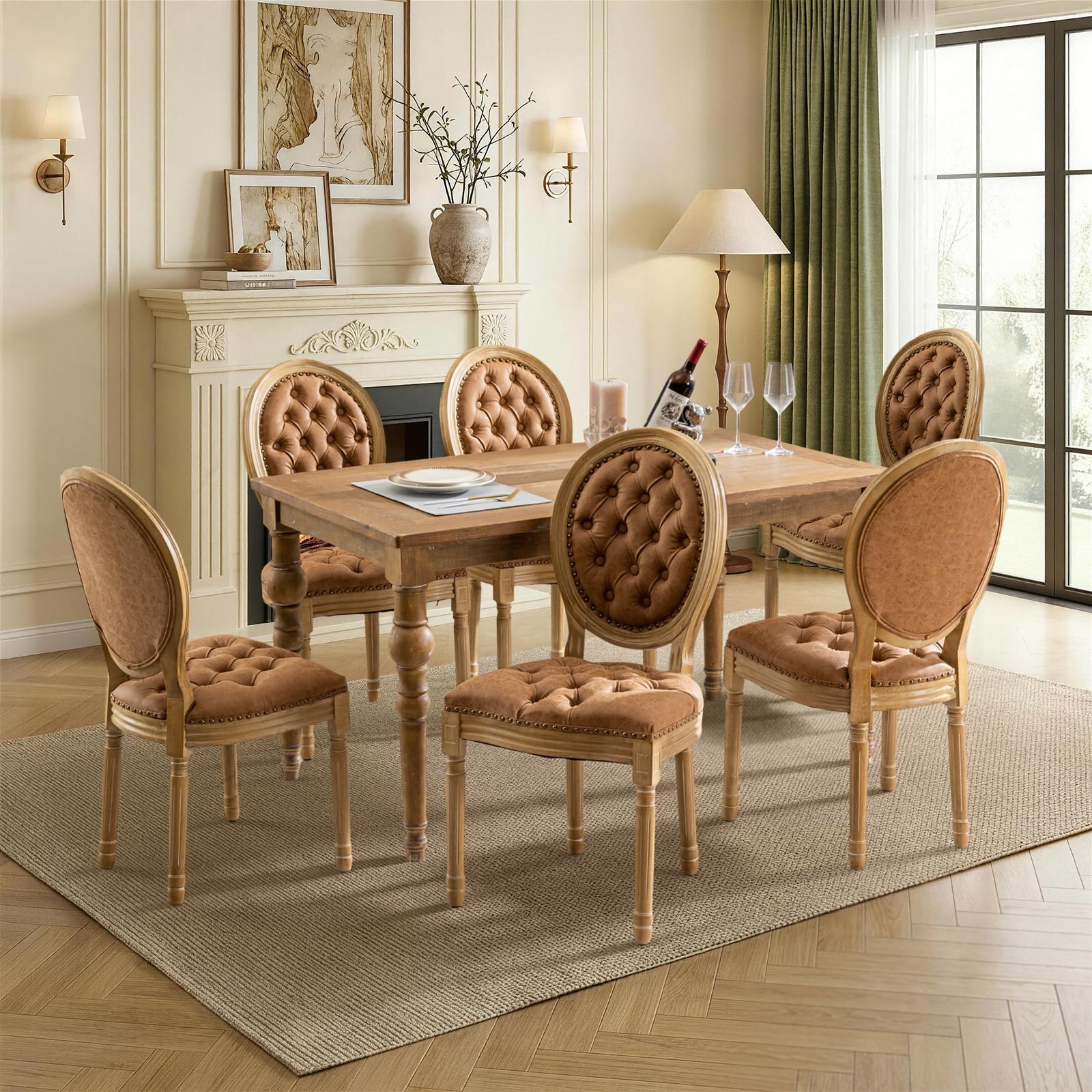SoarFlash Linen French Dining Chairs Set of 2, Vantage Dining Chair with Round Back, Wood Leg Farmhouse Country Dining Chair for Living Room,Kitchen,Bedroom,Beige