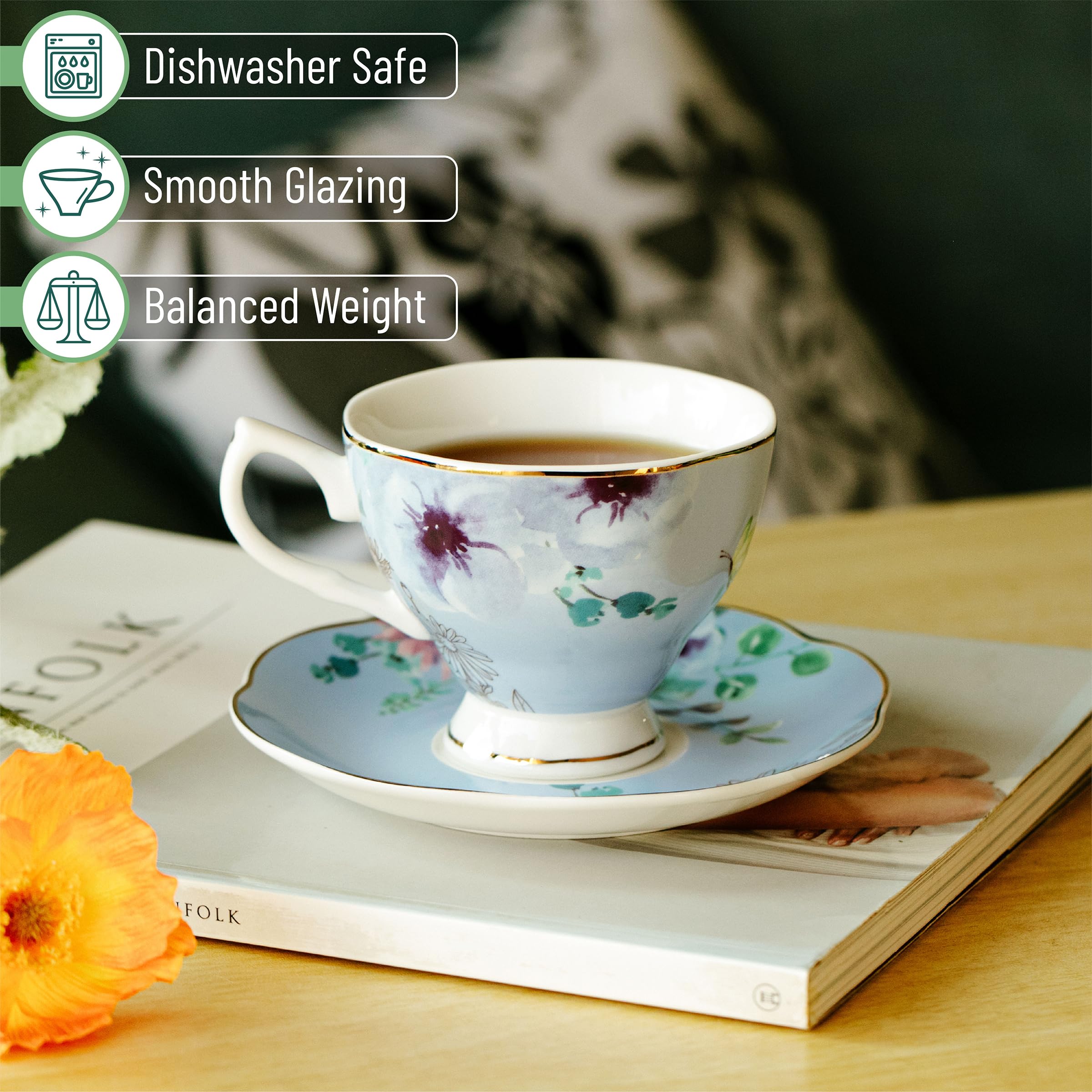BTaT- Tea Cups and Saucers, Set of 6 with Spoon, 8 oz, Fine Porcelain Teacup Set with Gold Trim for Afternoon Tea, Weddings, Parties & Gifting, Dishwasher Safe, Lightweight, Non-Toxic