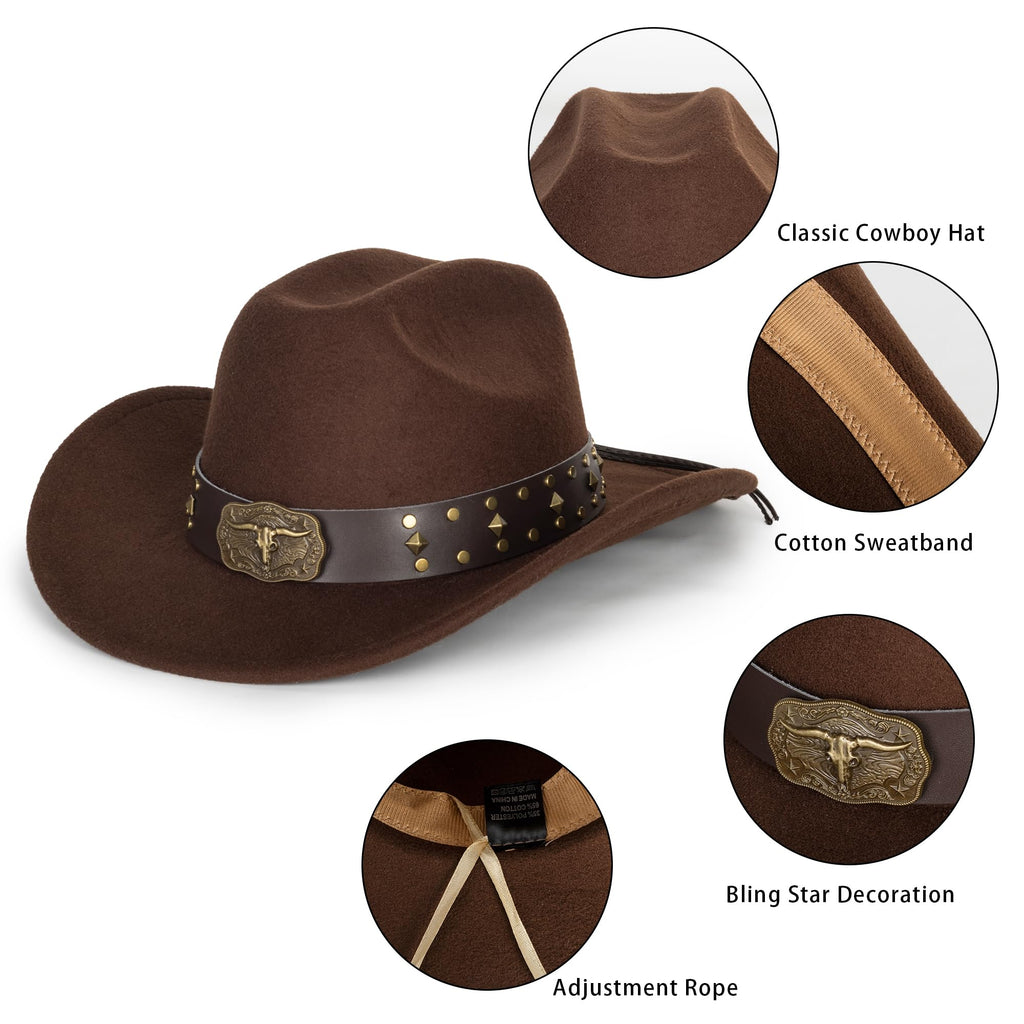 Eohak Womens Western Cowboy Hats Studded Pinched Western Cowgirl Hats Wide Brim Fedoras Hat with Belt Buckle (Size:Medium)
