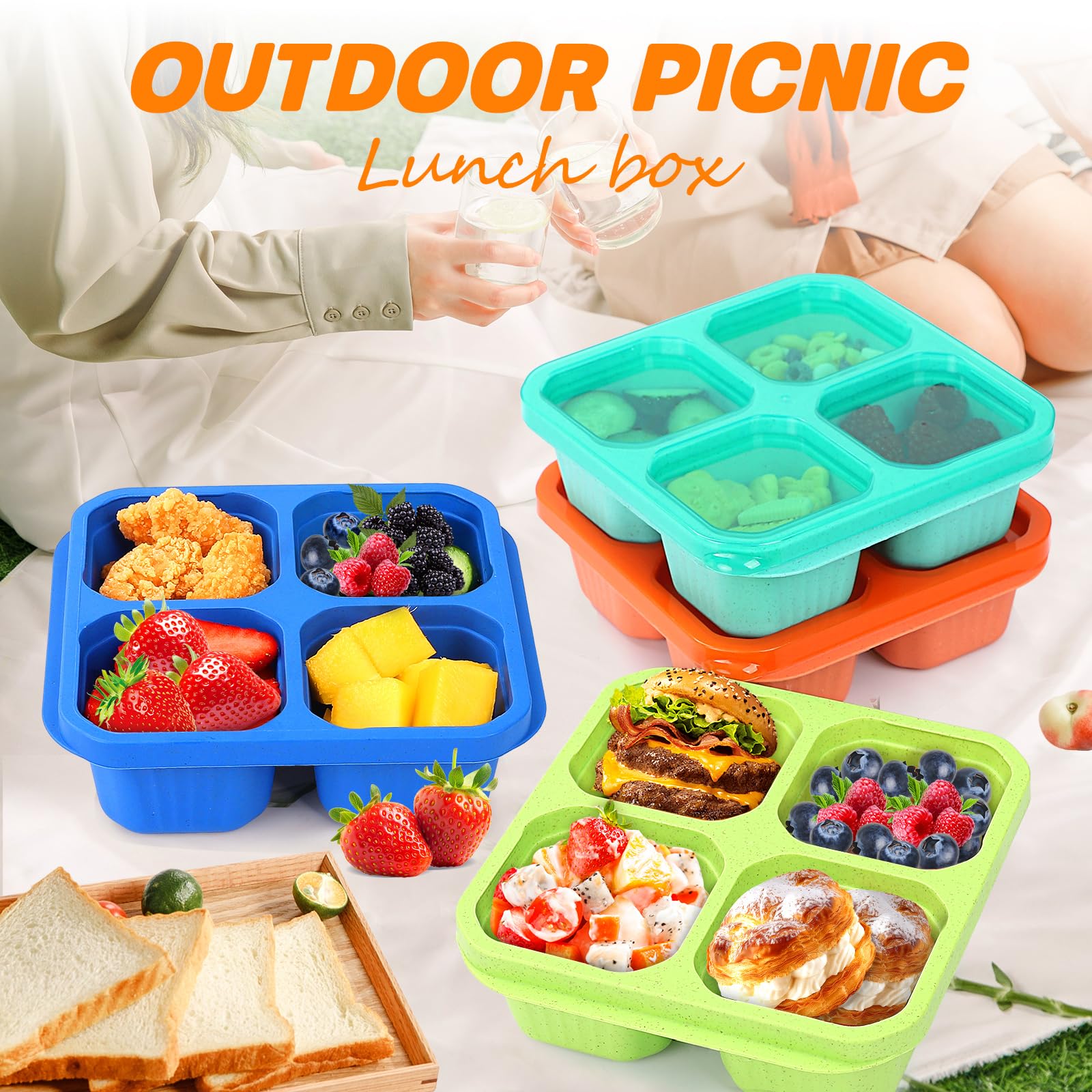 buluker 4 Pack Bento Snack Containers Set， 4 Compartment Food Storage Containers ，Wheat Straw Meal Prep Lunch Box ，Plastic Food Storage container, Microwave and Dishwasher Safe (4colour)