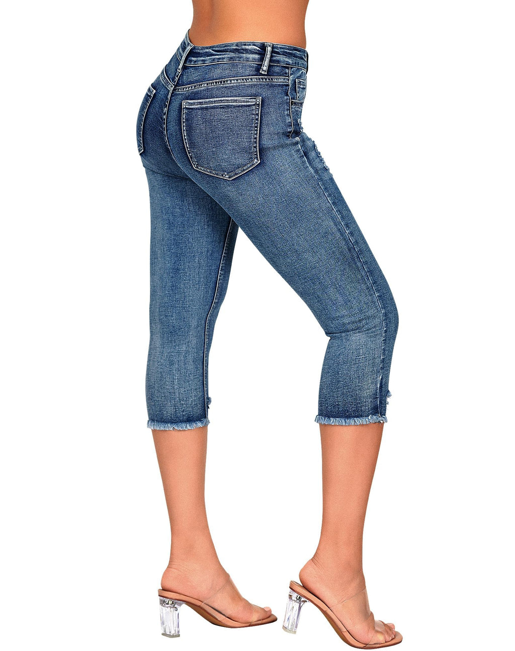 roswear Women's Capri Pants Mid Rise Skinny Ripped Stretchy Cropped Distressed Jeans