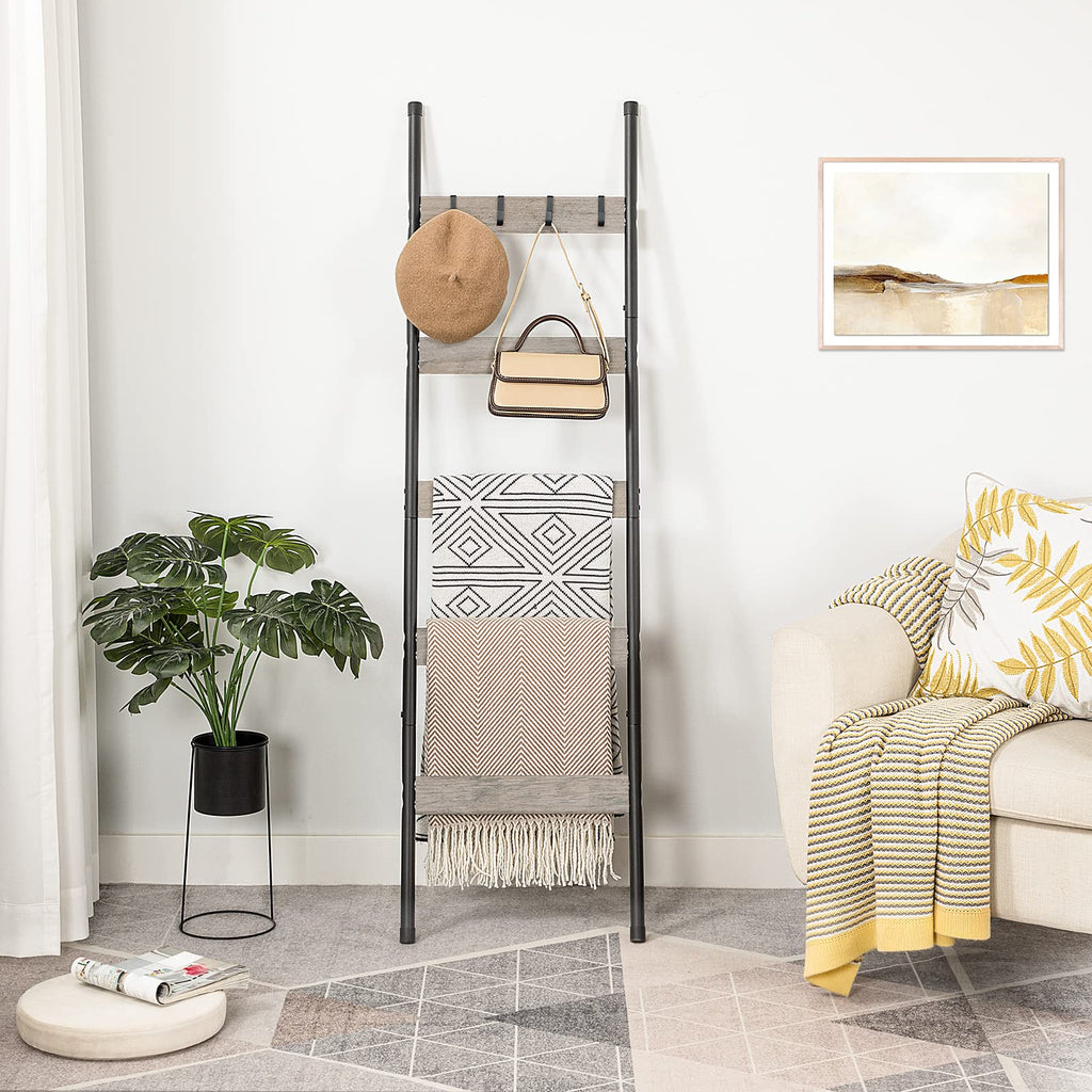 HOOBRO Blanket Ladder, 5-Tier Towel Rack with Hooks, Wall-Leaning Blanket Rack, Decorative Display Ladder Shelf, Scarves, Industrial, Living Room, Bedroom, Black BB52CJ01