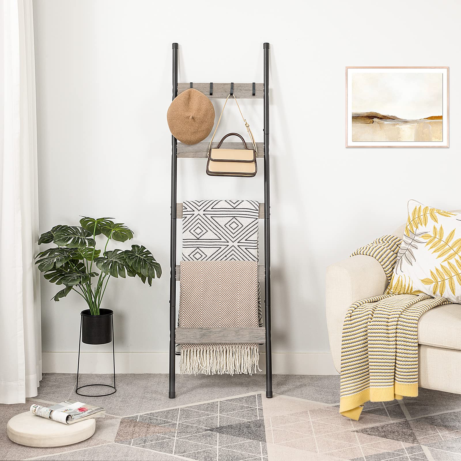 HOOBRO Blanket Ladder, 5-Tier Towel Rack with Hooks, Wall-Leaning Blanket Rack, Decorative Display Ladder Shelf, Scarves, Industrial, Living Room, Bedroom, Black BB52CJ01