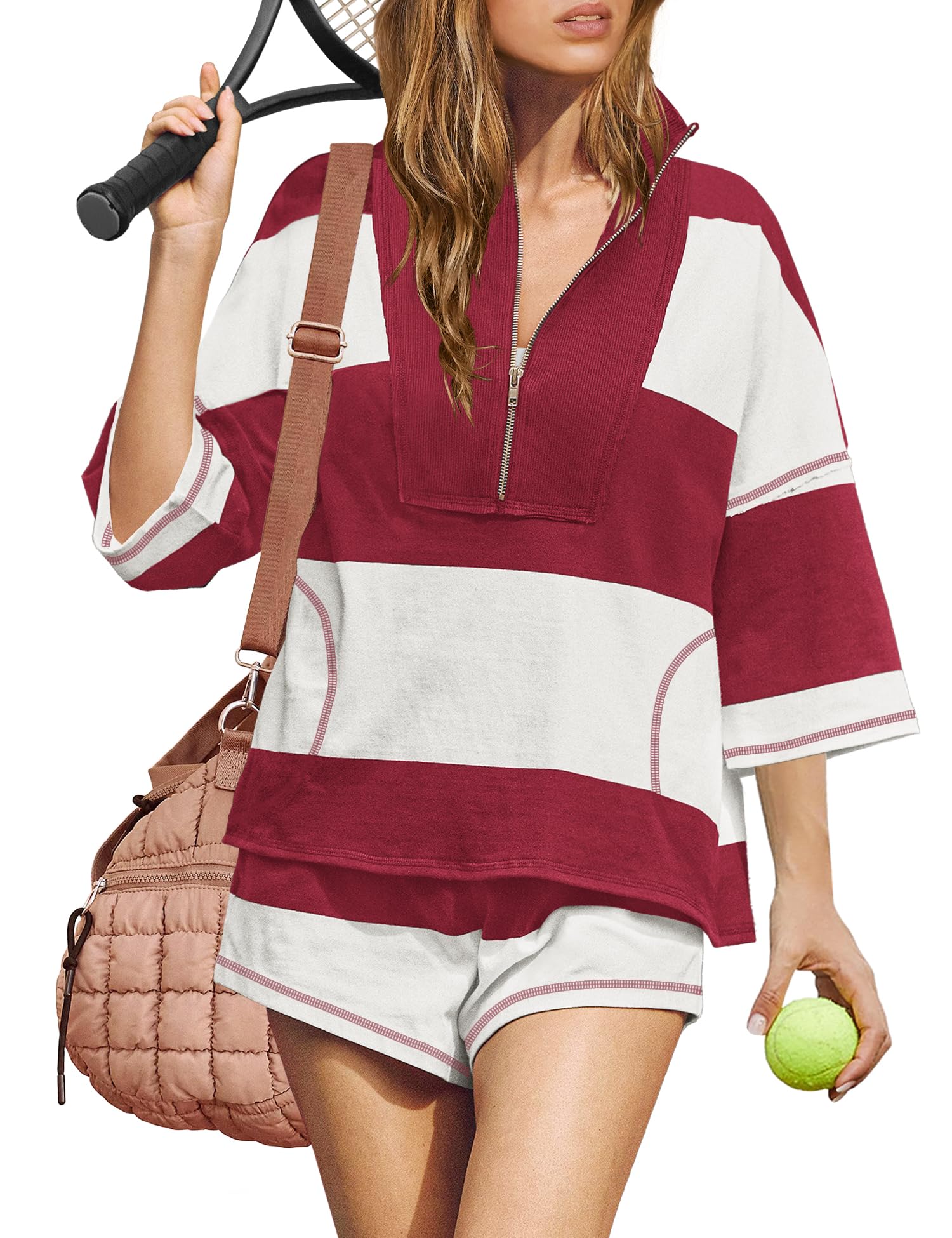 ReachMe Womens Workout Striped Short Sets 2 Piece Outfits Summer Matching Lounge Sets Top and Shorts with Pockets