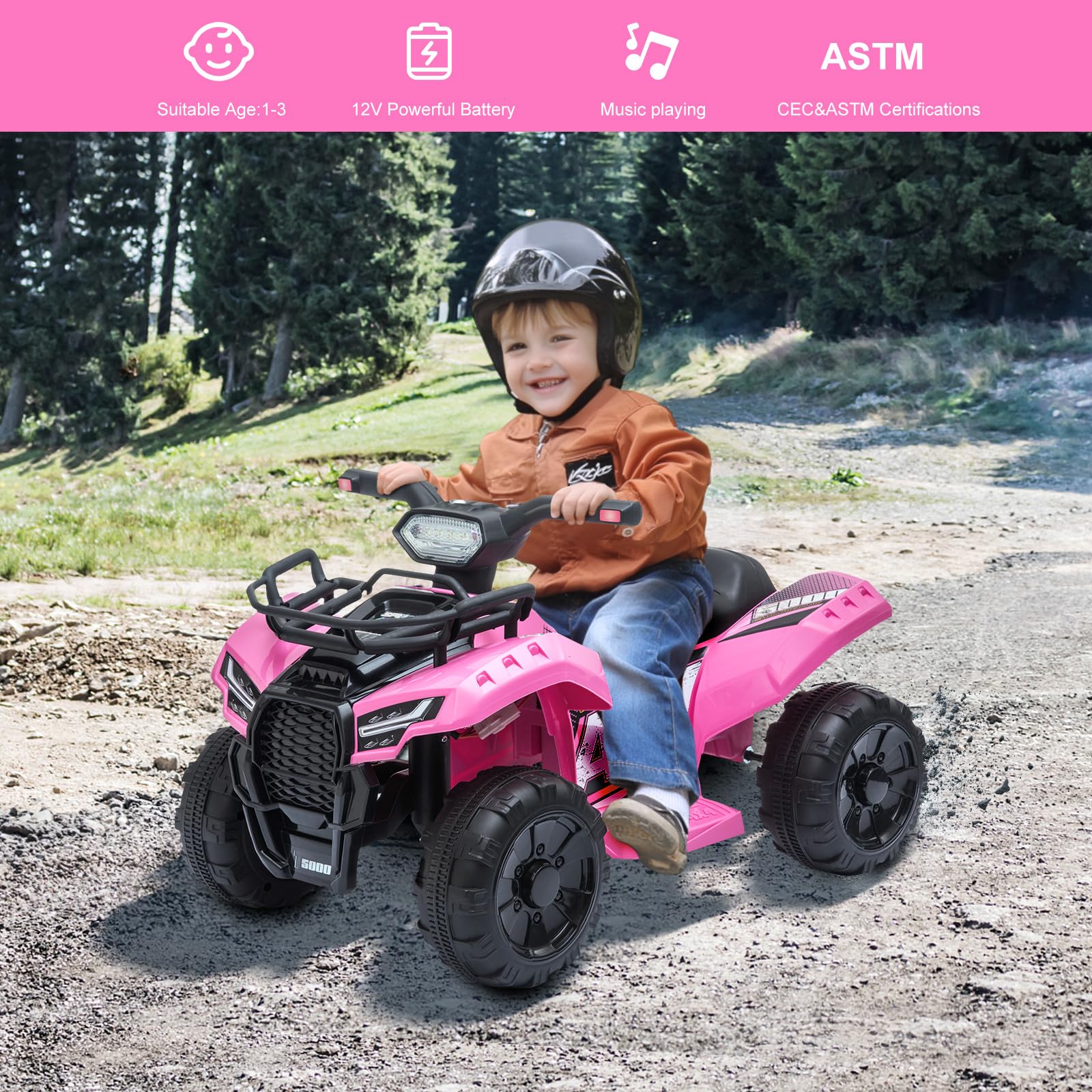 Kids Ride on ATV, 6V Battery Powered Kids Electric Vehicle, 4 Wheeler Quad w/Headlights, MP3, USB, Volume Control, Large Seat, Electric Ride on Toys Best Gifts for 18-36 Months Boys Girls (Black)