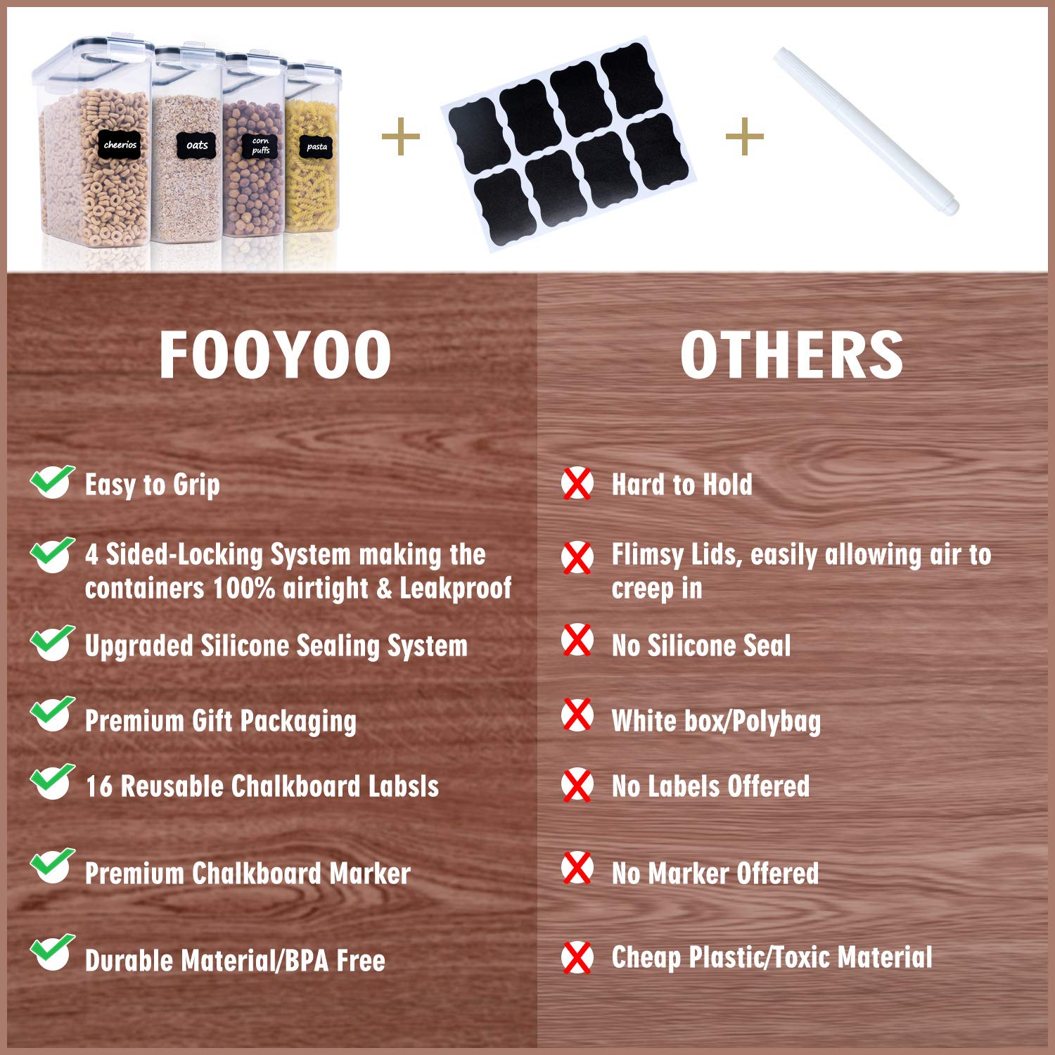 FOOYOO Cereal Containers Storage Set - 3 Piece Airtight Large Dry Cereal Container (135.2oz), BPA Free Dispenser Plastic Cereal Storage Containers with 16 Labels & Pen