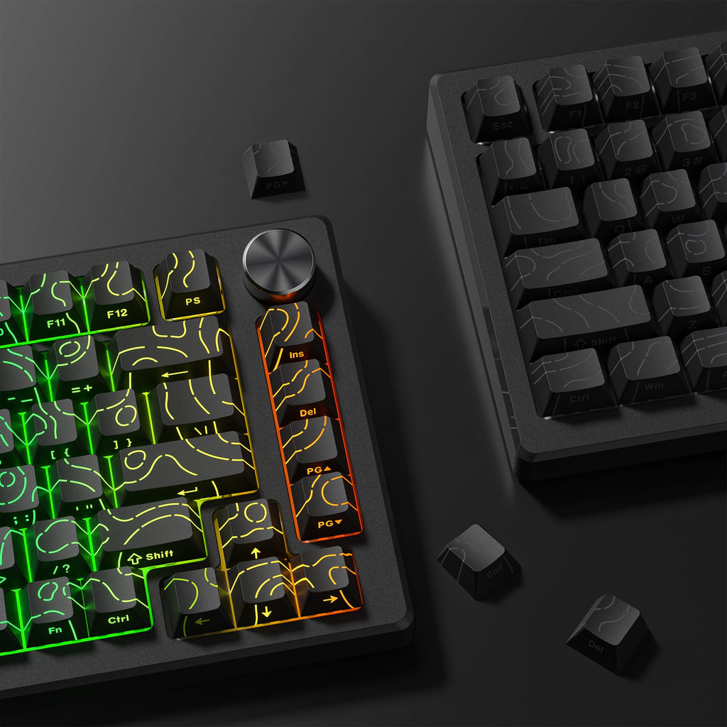 dagaladoo Black Topographic keycaps Double Shot PBT keycaps Shine Through Keyboard Keys Side Printed Key caps Cherry Profile Custom keycap Set for100%, 75%, 65%, 60% US Layout Mechanical Keyboard