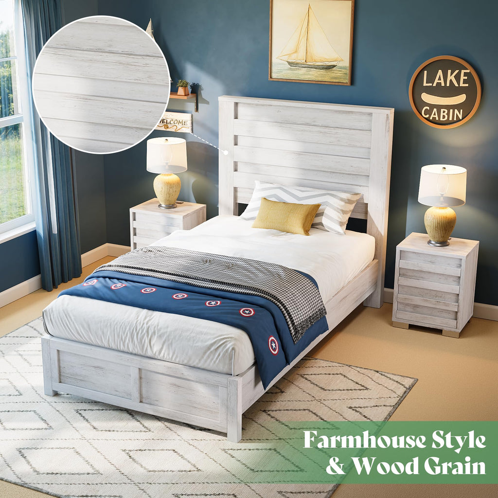 AMERLIFE Farmhouse Full Size Bed Frame with 49" Fluted Headboard, Wood Platform Bed with Natural Grain, No Box Spring Needed/Noise Free, Black