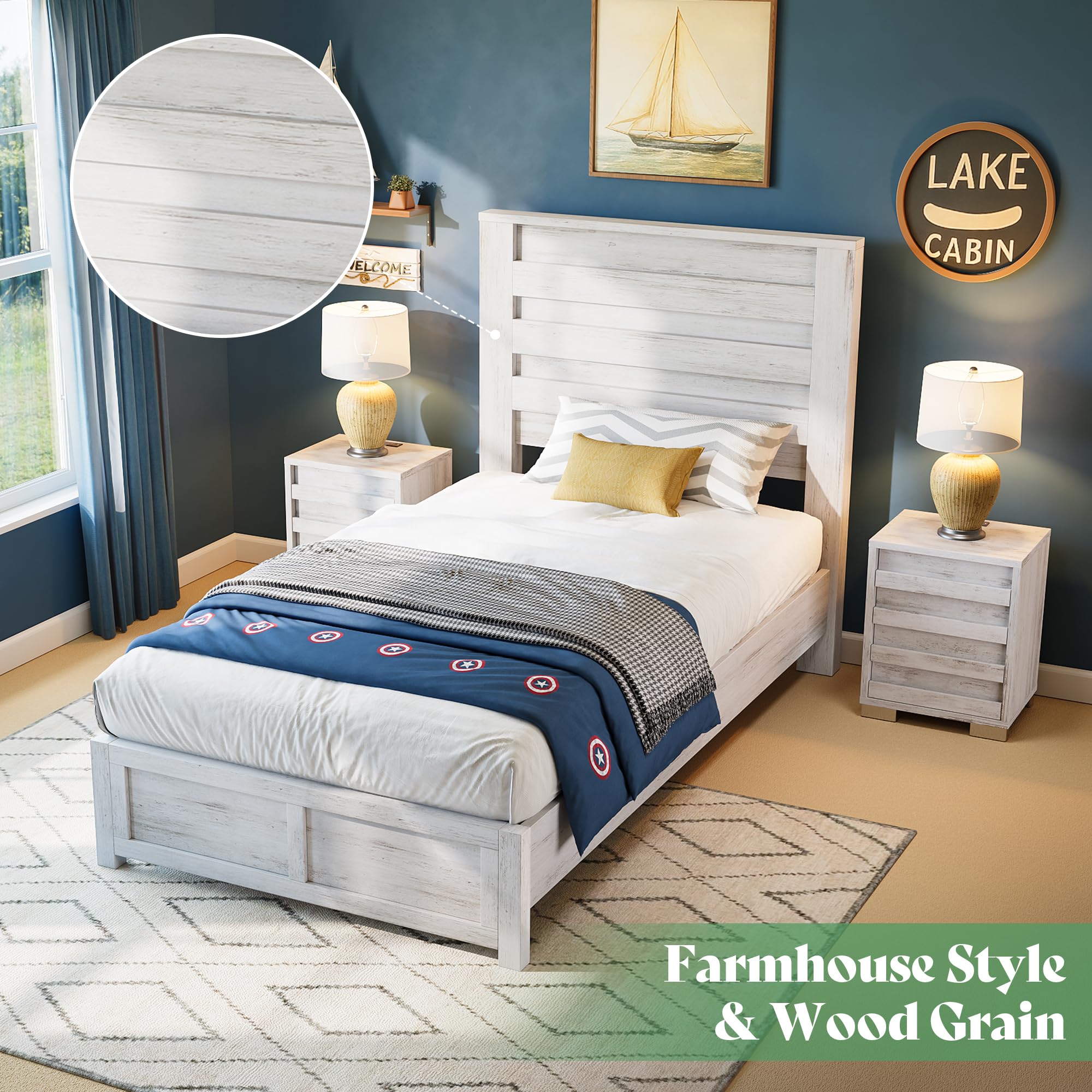AMERLIFE Farmhouse Full Size Bed Frame with 49" Fluted Headboard, Wood Platform Bed with Natural Grain, No Box Spring Needed/Noise Free, Black