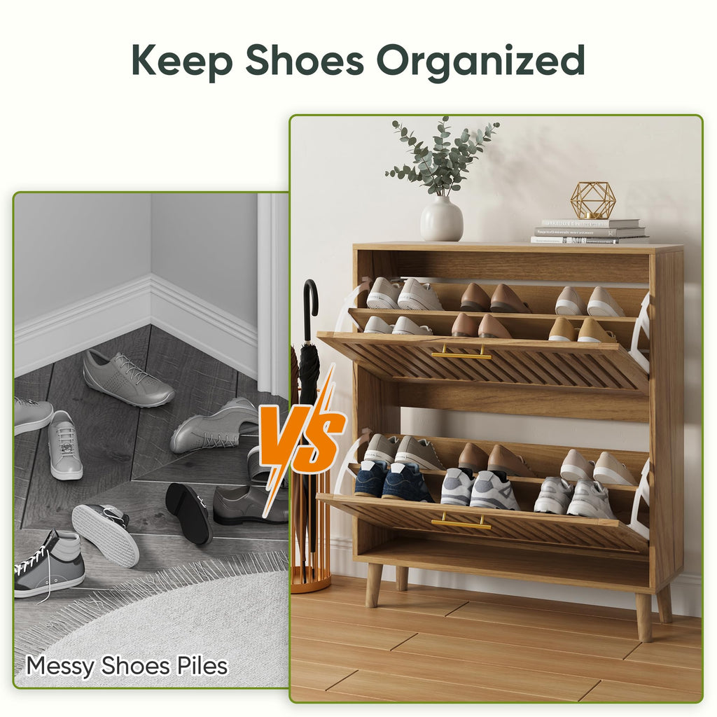 Smart FENDEE Shoe Cabinet with 2 Flip Slatted Drawers, Farmhouse Slim Shoe Organizer Rack with Golden Handles, Freestanding Hidden Entryway Storage for Hallway, Natural