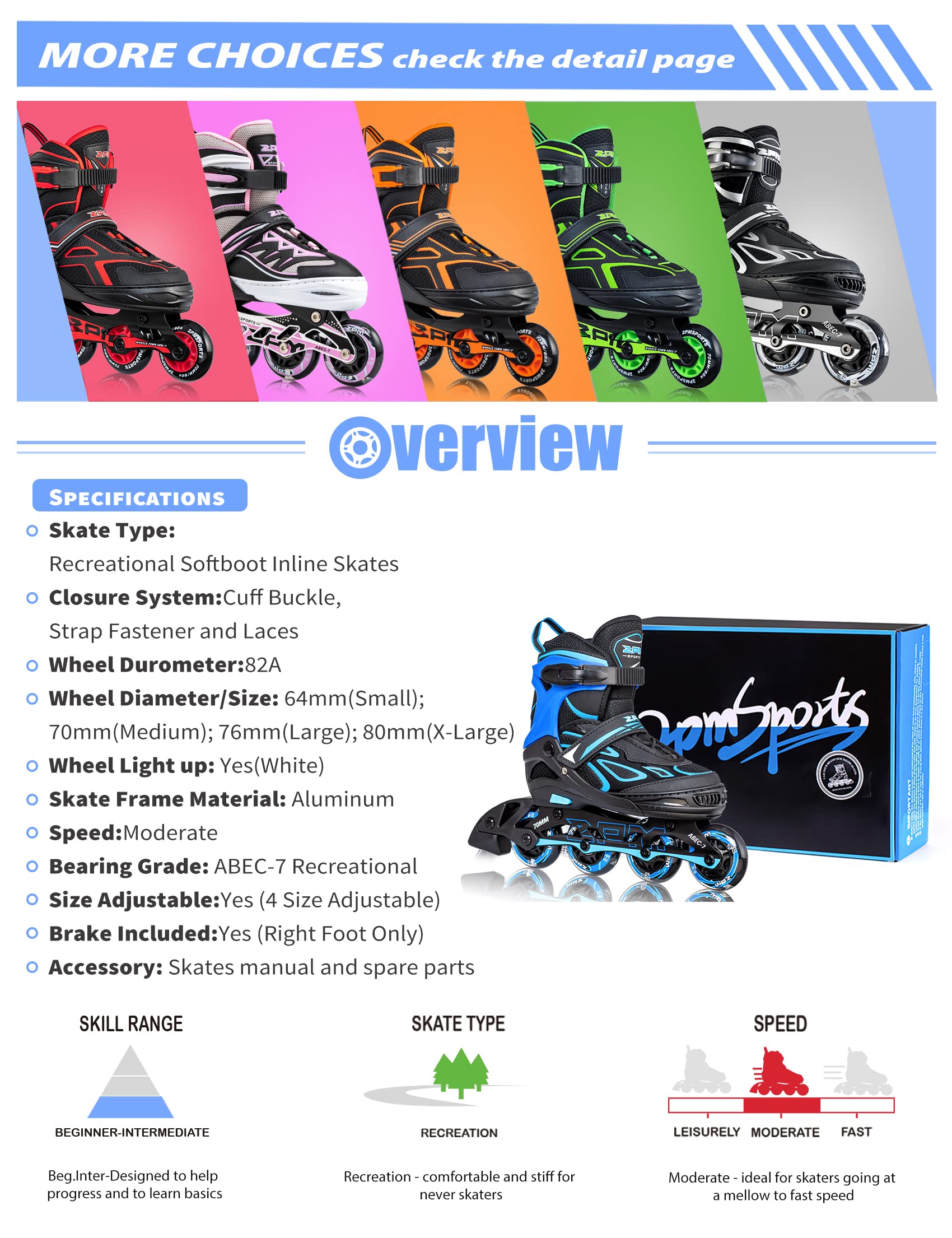 2PM SPORTS Vinal Girls Adjustable Flashing Inline Skates, All Wheels Light Up, Fun Illuminating Skates for Kids Men Adult Women and Boys