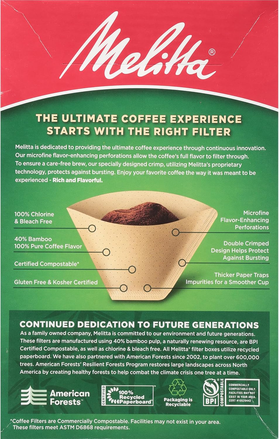 Melitta #4 Cone Coffee Filters, Bamboo, 80 Count (Pack Of 6), 480 Total Filters - Fits all 8-12 Cup Cone Coffee Makers and Pour-Overs, Compostable, Tear-Resistant, Made in USA